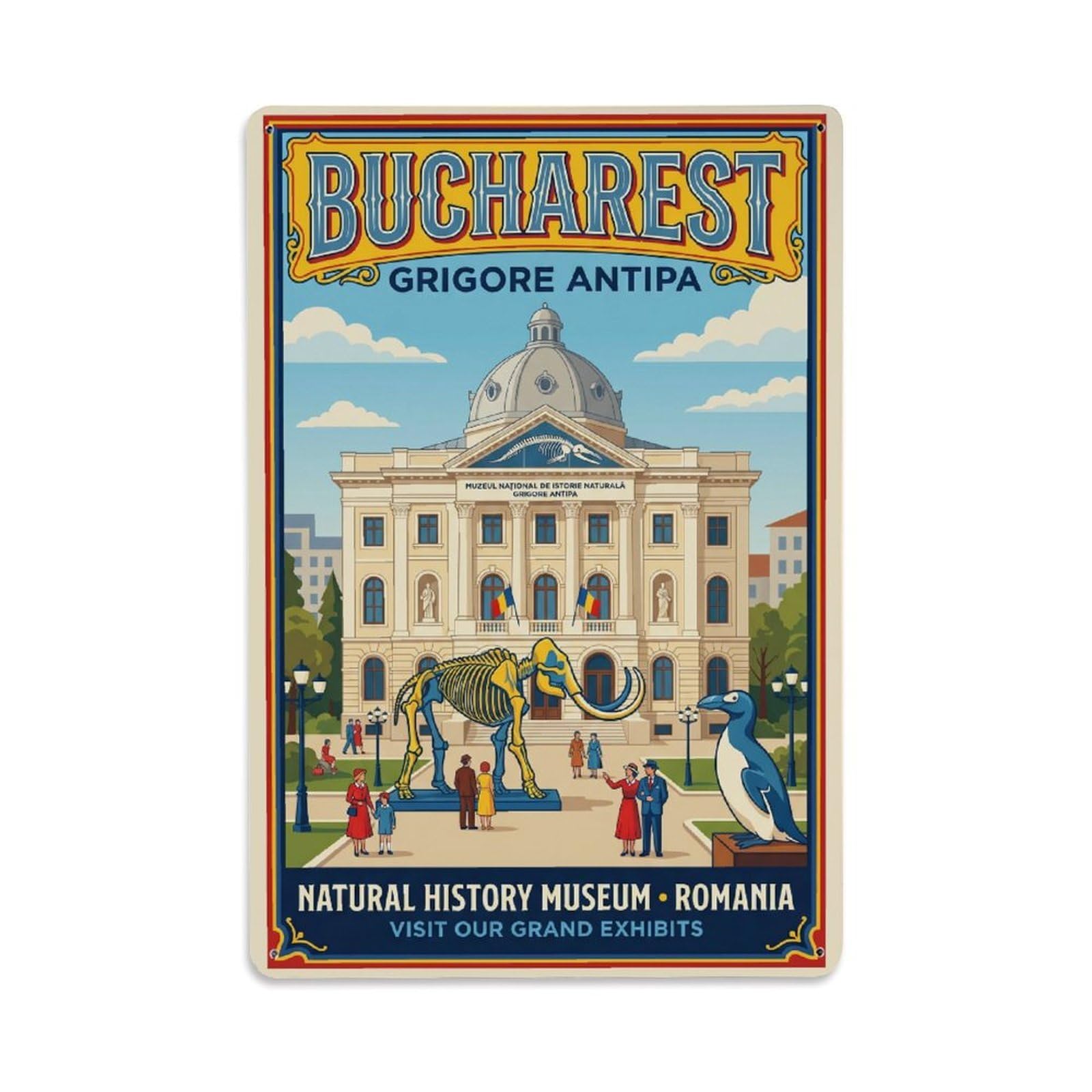 Vintage Travel Bucharest Antipa Museum Clean Romania Metal Tin Sign Plaque Wall Decor for Cafe, Club Bar, Office, Home Garden Metal Poster 8x12Inch
