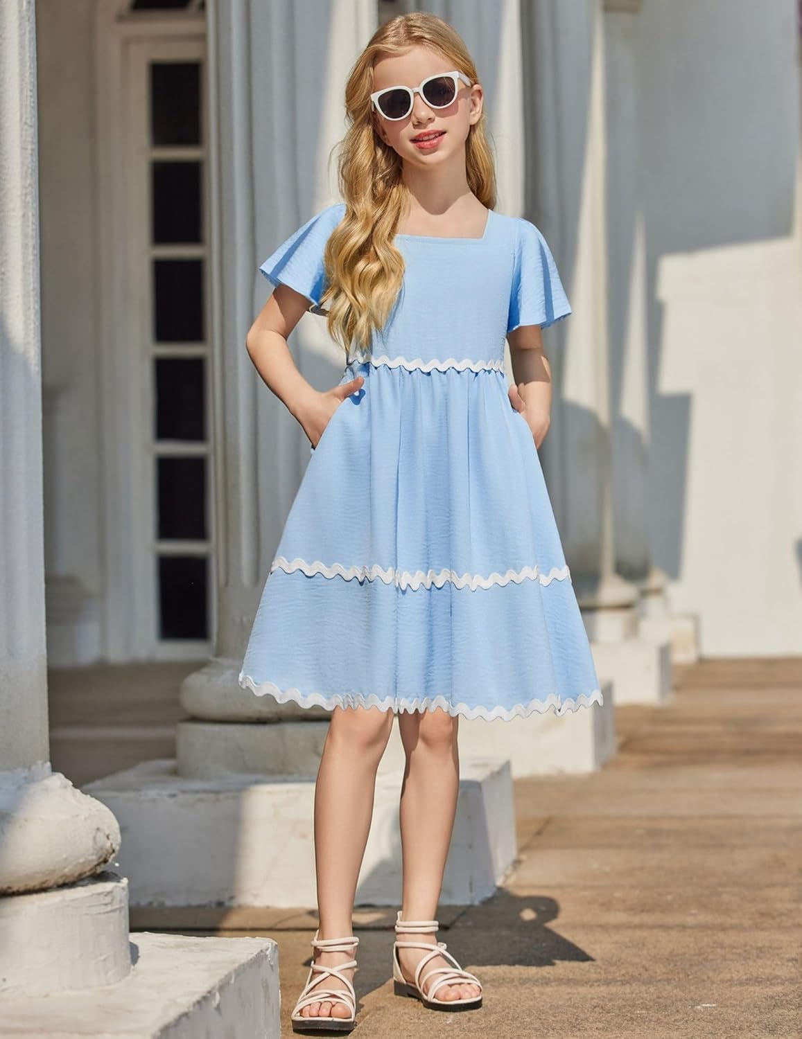 Arshiner Girls Summer Dress Flutter RIC Rac Tiered Short Sleeve Square Neck Casual Midi Dresses with Pockets - Image 5