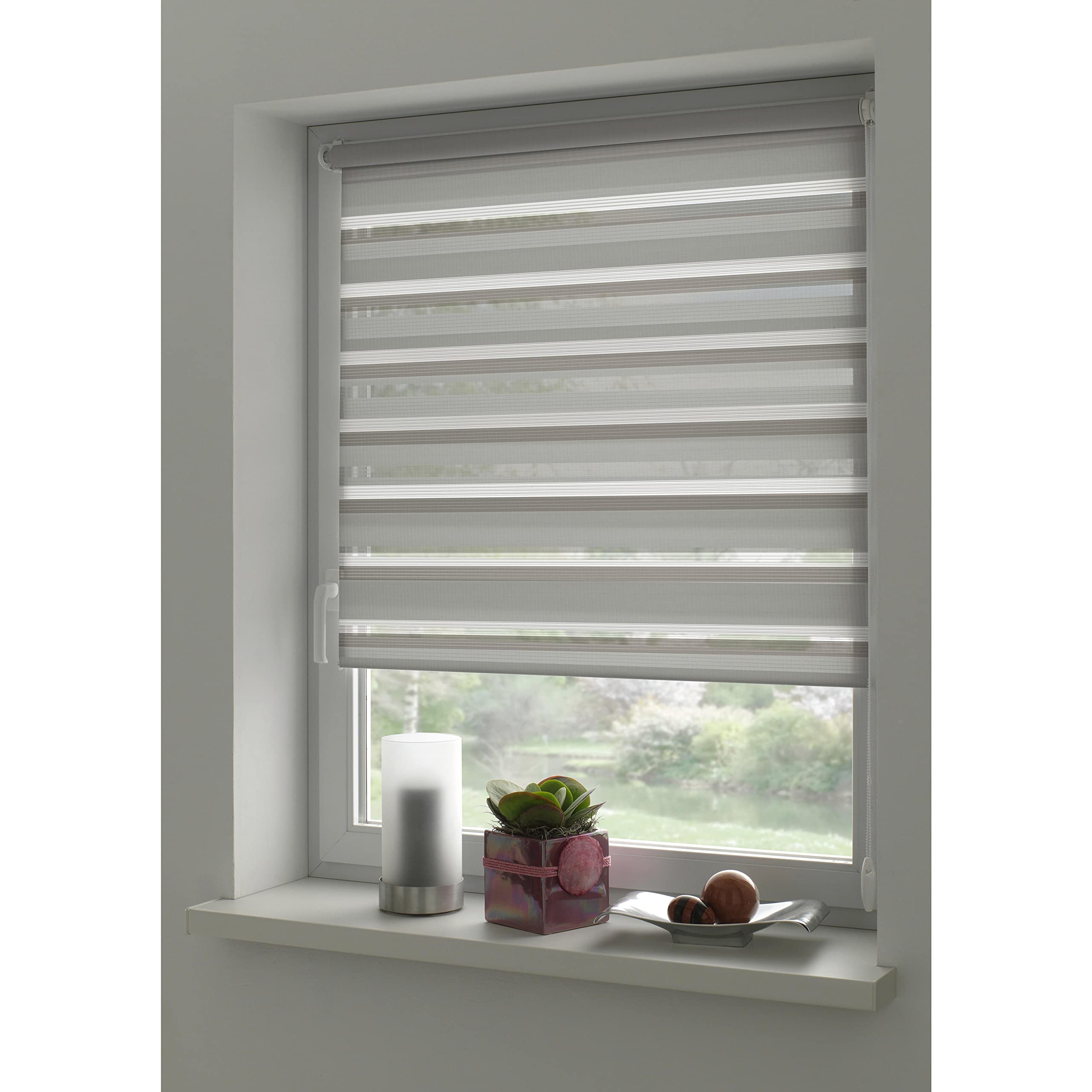 GARDINIA Tenda a Doppio Rullo, Montaggio a Incastro o con Adesivo, Montaggio Senza Trapano, Catenella Laterale, Strisce Trasparenti e Opache, Grigio Chiaro, 90 x 150 cm