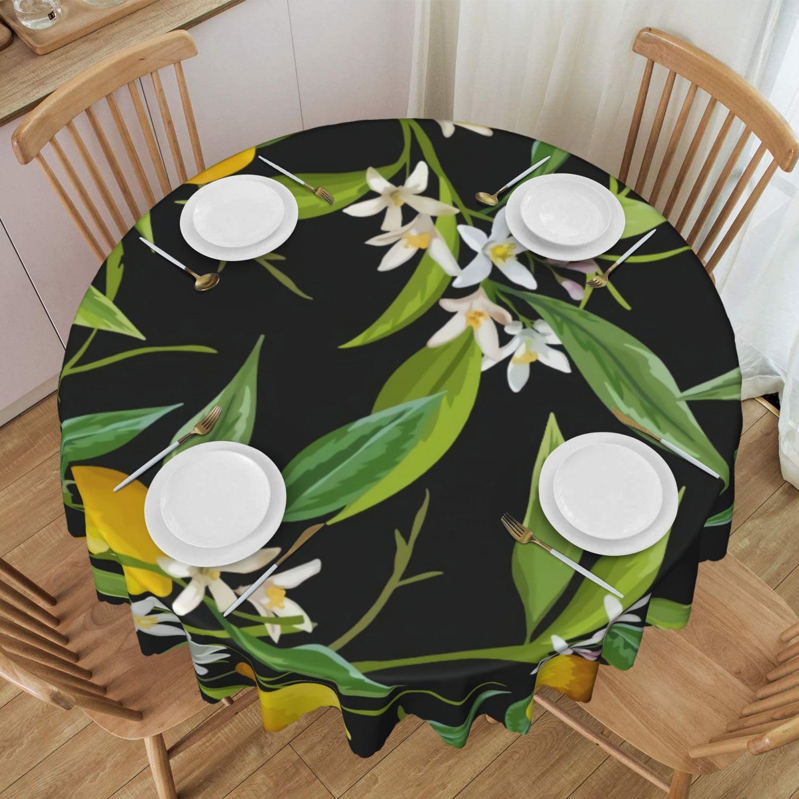 DCEHGEW 60 In Round Tablecloth with Lace, Lemon and Flower Printed Oilproof & Washable Fabric Picnic Table Cloth Table Covers