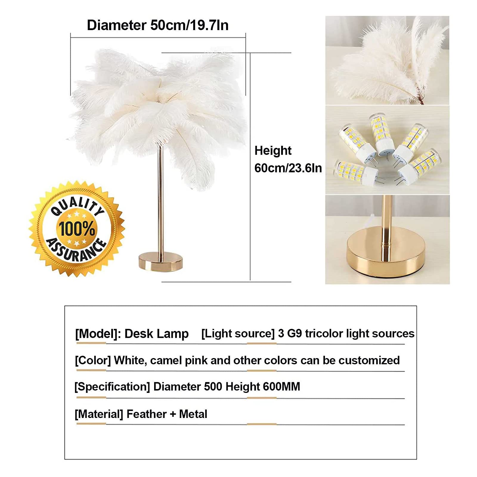 Kolorowe światła szklane， Nordic Luxury Feather Lampka nocna, biurko, salon, oświetlenie wewnętrzne, lampa stojąca z piór strusich(White)