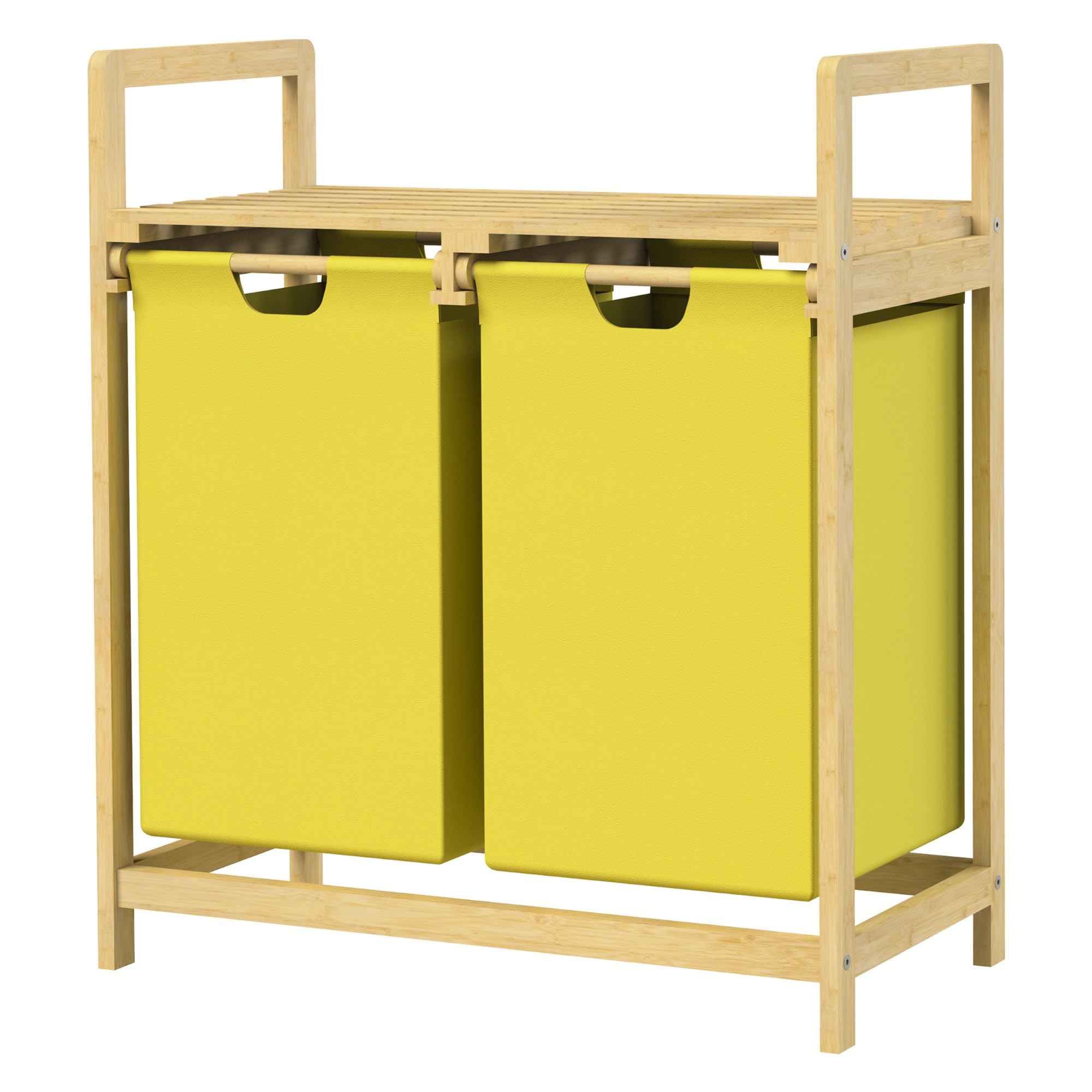 ML-Design Cesto Portabiancheria con Struttura in Bambù e 2 Scomparti 2x30L Mobile Portabiancheria Giallo con Maniglie e Ripiano, Raccoglitore adatto per il Bagno o Sacchi Estraibili, 63 x 33 x 73 cm
