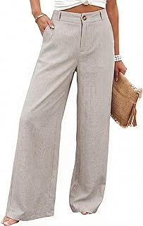Womens Cotton Linen Pants Casual Button Up High Waisted Wide Leg Trousers