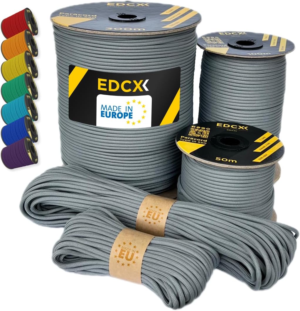 Paracord 4mm, 35+ Solid Colors (10m, 15m, 30m, 50m, 100m, 300m) | Ideal for Crafting, DIY, Camping, Survival, Outdoor | 100% Nylon Rope 4mm | Tactical Cord 550 Type III (Dark Gray, 100 m)