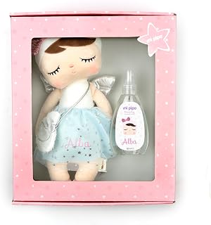 Set Regalo Bebé Muñeca Metoo + Colonia Personalizada - Ángel Azul | Caja con Muñeca Suave y Agua de Colonia 150 ml | Bordado con Nombre | Ideal para Recién Nacido, Baby Shower o Canastilla