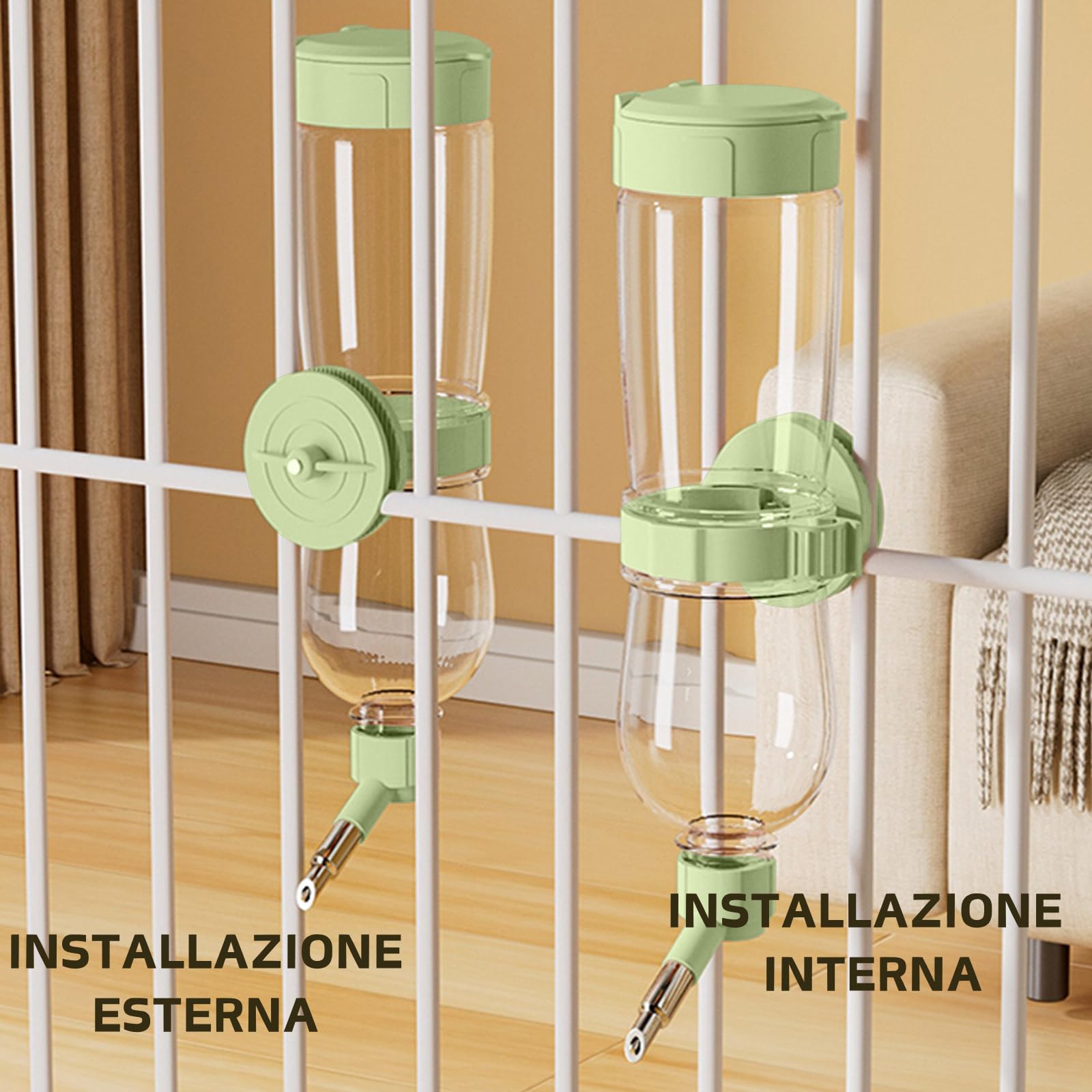 Abbeveratoio per uccelli, Dispenser d'acqua automatico per gabbia, Bottiglia d'acqua appesa per Pappagallini, Canarini, Cockatiel, Fringuelli, Budgerigar (Verde, 240ml)