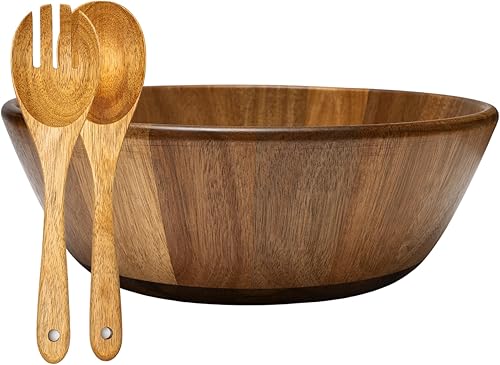 Miniatura 3 de J&M Cafe Juego de cuencos grandes de madera de acacia con dos herramientas de bambú para servir, cuenco de madera para servir, ensaladera con