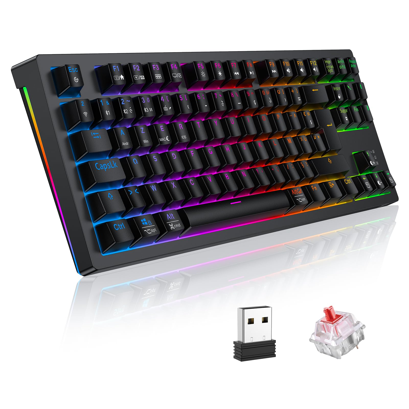 TECURS Tastiera Gamer Meccanica Wireless 80% TKL AZERTY, Tastiera Gaming Bluetooth/2.4Ghz/USB-C Programmabile con Interruttore Rosso, Tastiera Meccanica di Gioco RGB per PC/PS5/Win/Mac/Android/iOS,