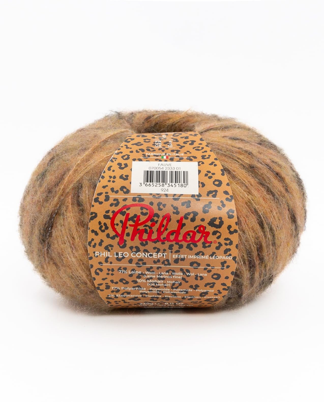 Phildar Phil Léo Concept Wolle zum Häkeln und Stricken – 17 % Polyamid, 2 % Elastan, 10 % Kid Mohair, 71 % Wolle (Merino) – Nadel Nr. 6 – Farbe Braun