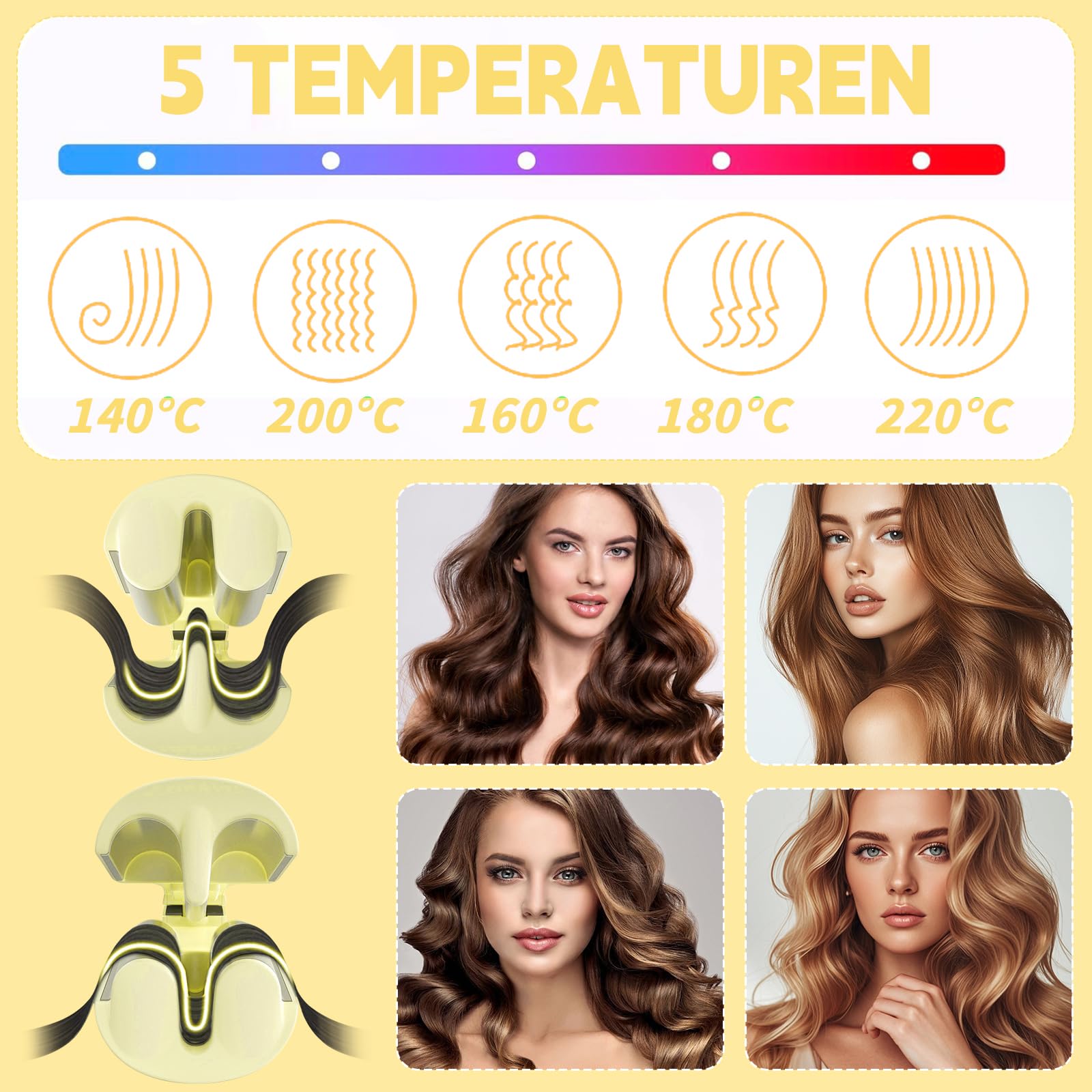 Fer à Onduler, 36mm Fer a Onduler Cheveux, Fers à Onduler Style Ondulé Avec 5 Températures Réglables, Mermaid Waves, En Forme De V Friseur Cheveux, Fers à Onduler Pour Cheveux Longs Et Courts