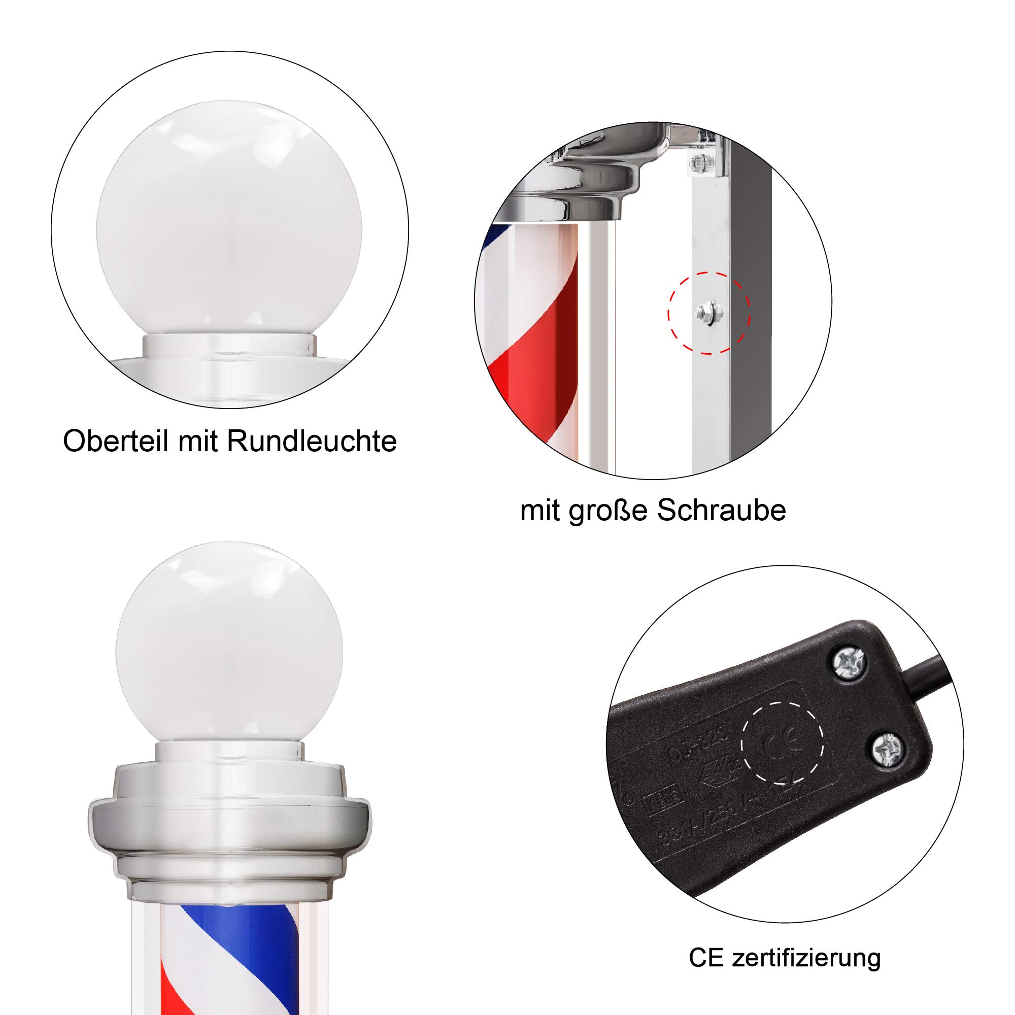 Barberpub Barber-Pole Barbierstab Friseurstange mit LED-Kugelleuchte Salon Einrichtung, Drehbar, klassisch rot-weiß-blaue Säule Barbershop-Säule, Energieklasse G