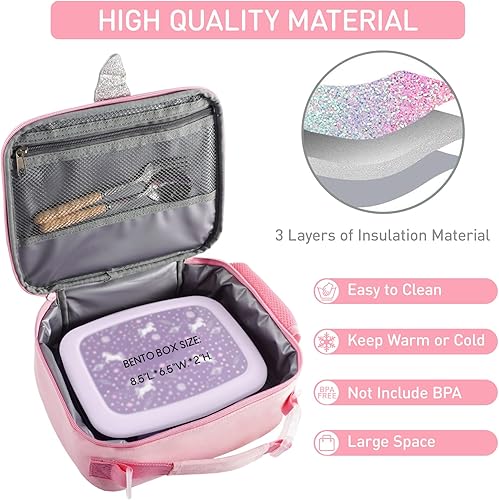 Miniatura 3 de Hairao Lonchera de unicornio para niñas con correas ajustables para el hombro bolsa de almuerzo arco iris impermeable con aislamiento térmico para