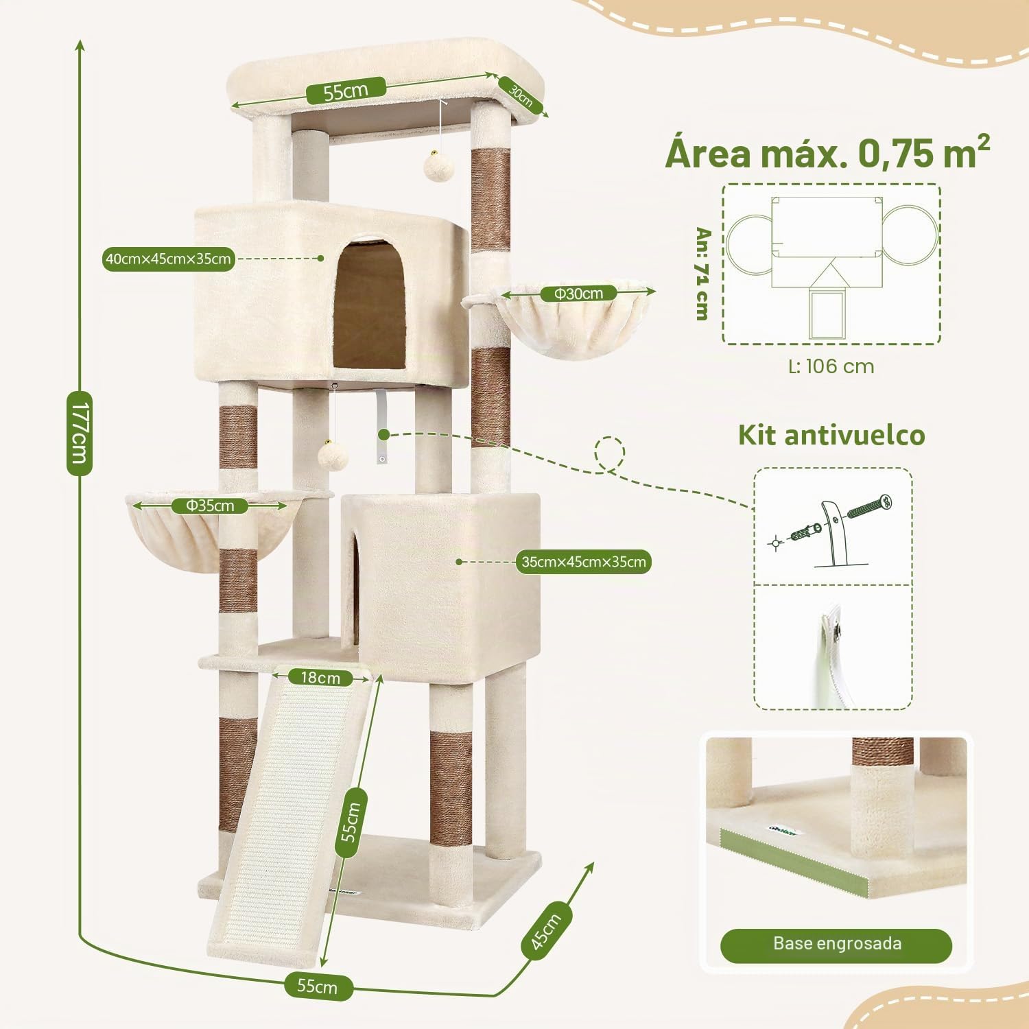 Globlazer Árbol Rascador Beige XL Estable 180 cm para 2-5 Grande Gatos S69B | Castillo Gato con 2 Grandes Nidos, Tabla Rascar Sisal, Plataformas Acolchadas, 2 Cesta para Gatos Grandes Descansar Jugar