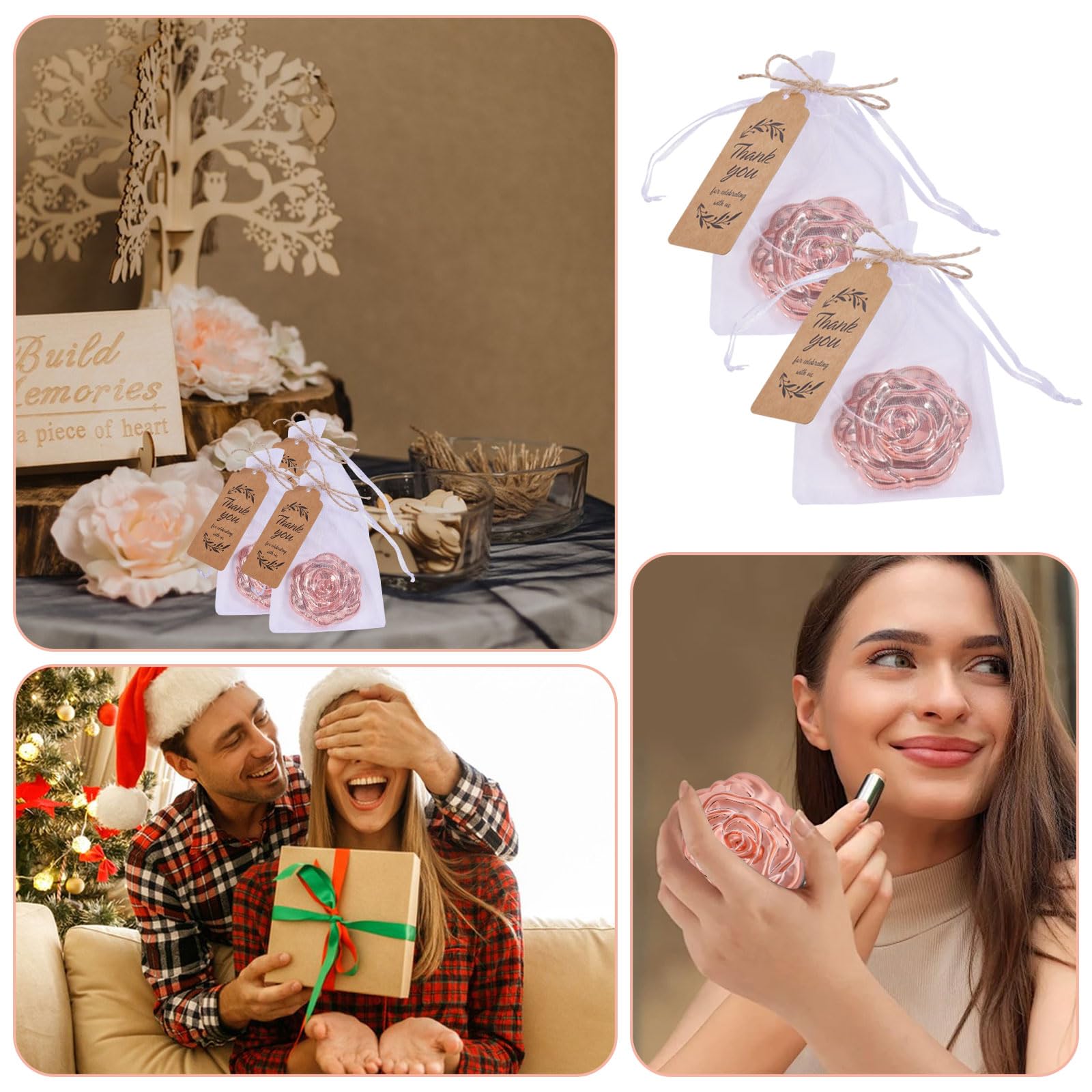 FREEBLOSS Lot de 50 Miroir de Poche Rose Compact 3D avec 50 Cartes et 50 Pochettes en Organza Idéal pour Un Mariage Un Anniversaire Une Fête Prénatale Ou Un Voyage 2.5" Tour