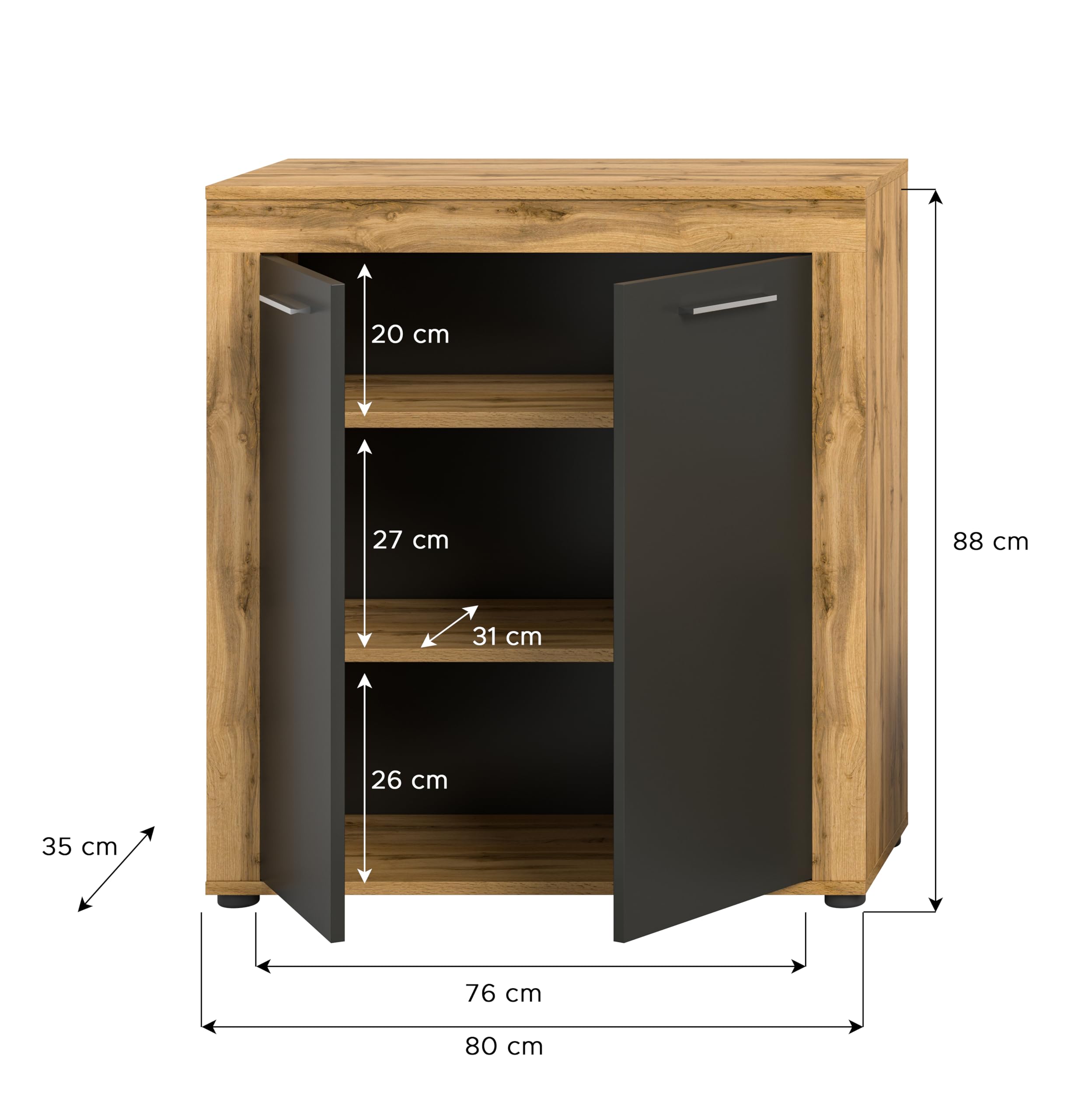 xonox.Home - Highboard Jam 80x88x35 cm in Wotan Eiche und grau - Wohnidee Möbelstück Designermöbel Einrichtung - schöner Blickfang einfache Montage