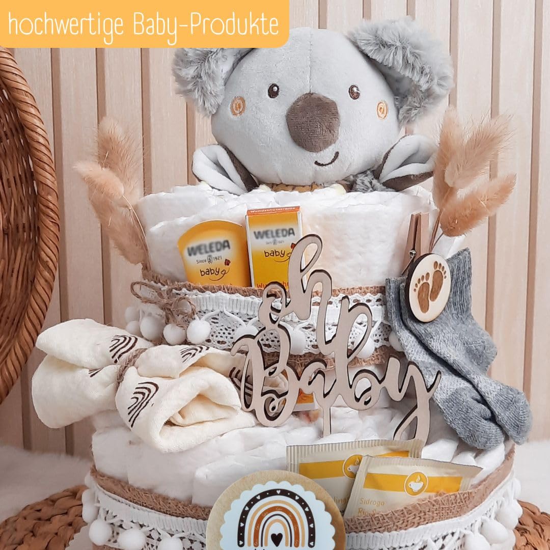 Torta di pannolini stile boho vintage | regalo per la nascita | Made in Germany | con panno per la cura di alta qualità, tè per neonati, calzini, panno e bellissimi accessori | regalo per bambini