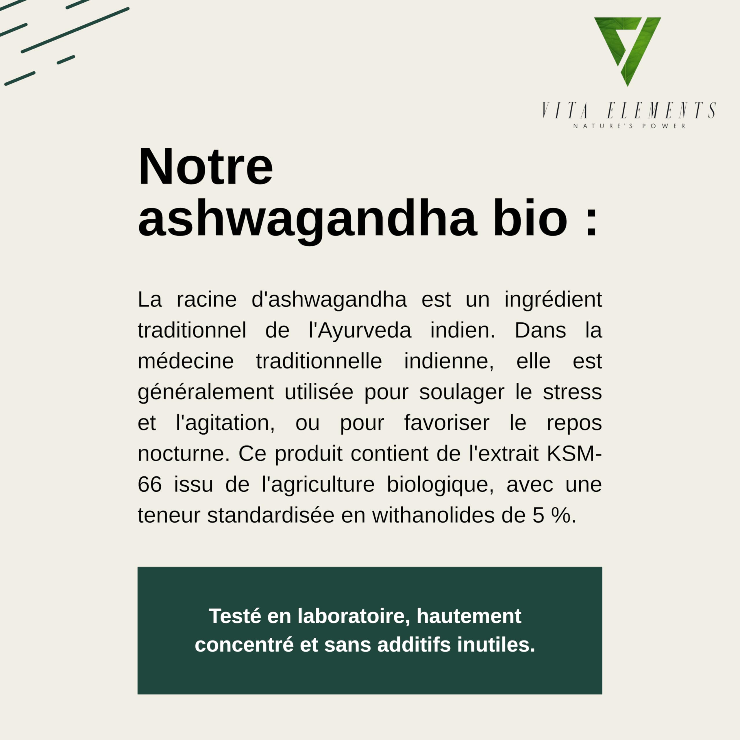 Vita Elements Bio-Ashwagandha - Extrait de Racine - 180 Gélules - 5% Withanolides - Haute Concentration, Vegan & Biologique - Testé en Laboratoire (5)