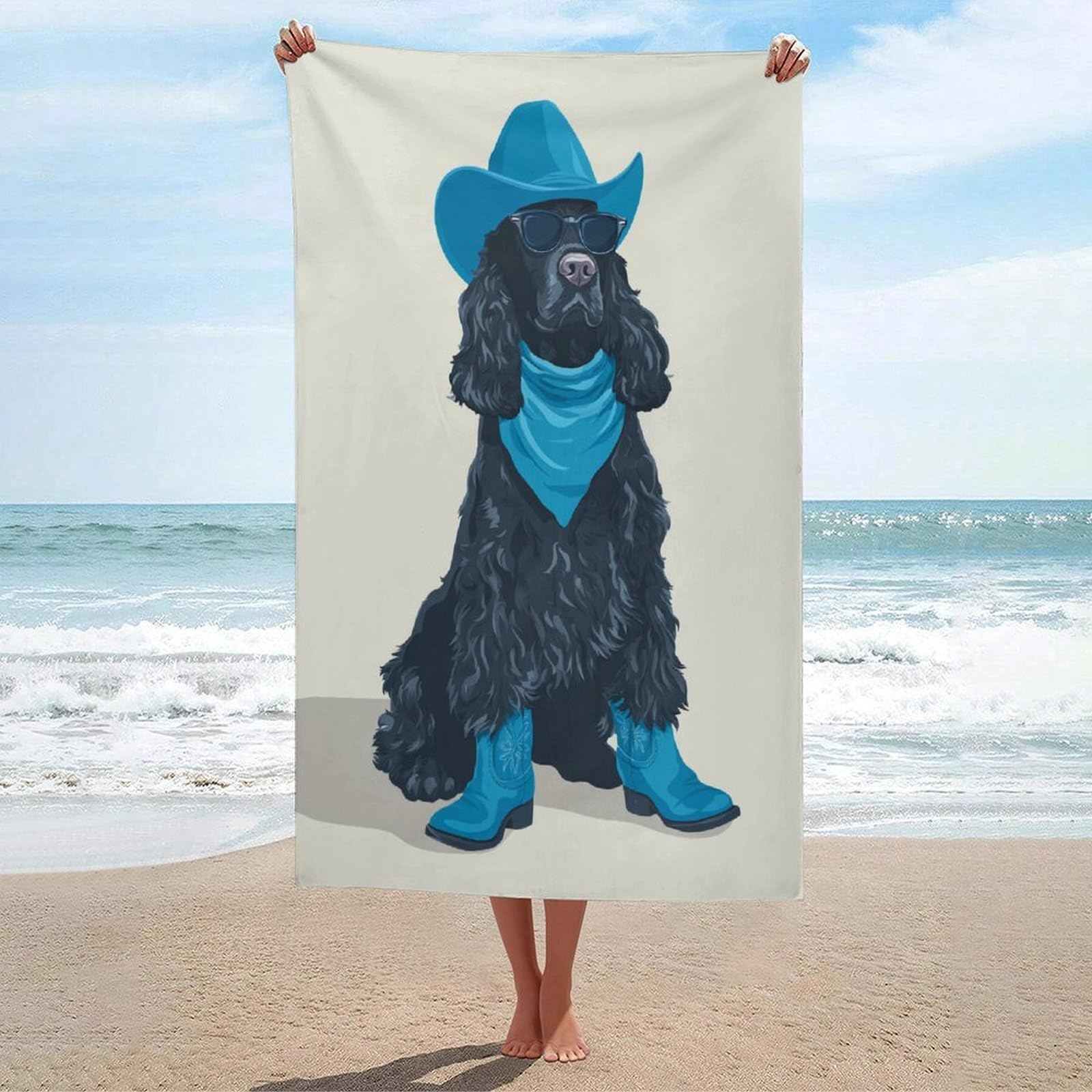 LSRCPD Black Dog with Blue Cowboy Hat Boots Scarf Beach Towel Sand Free Microfiber Large Shower Towels Multipurpose Absorbent for Bathroom Pool 130x80 CM