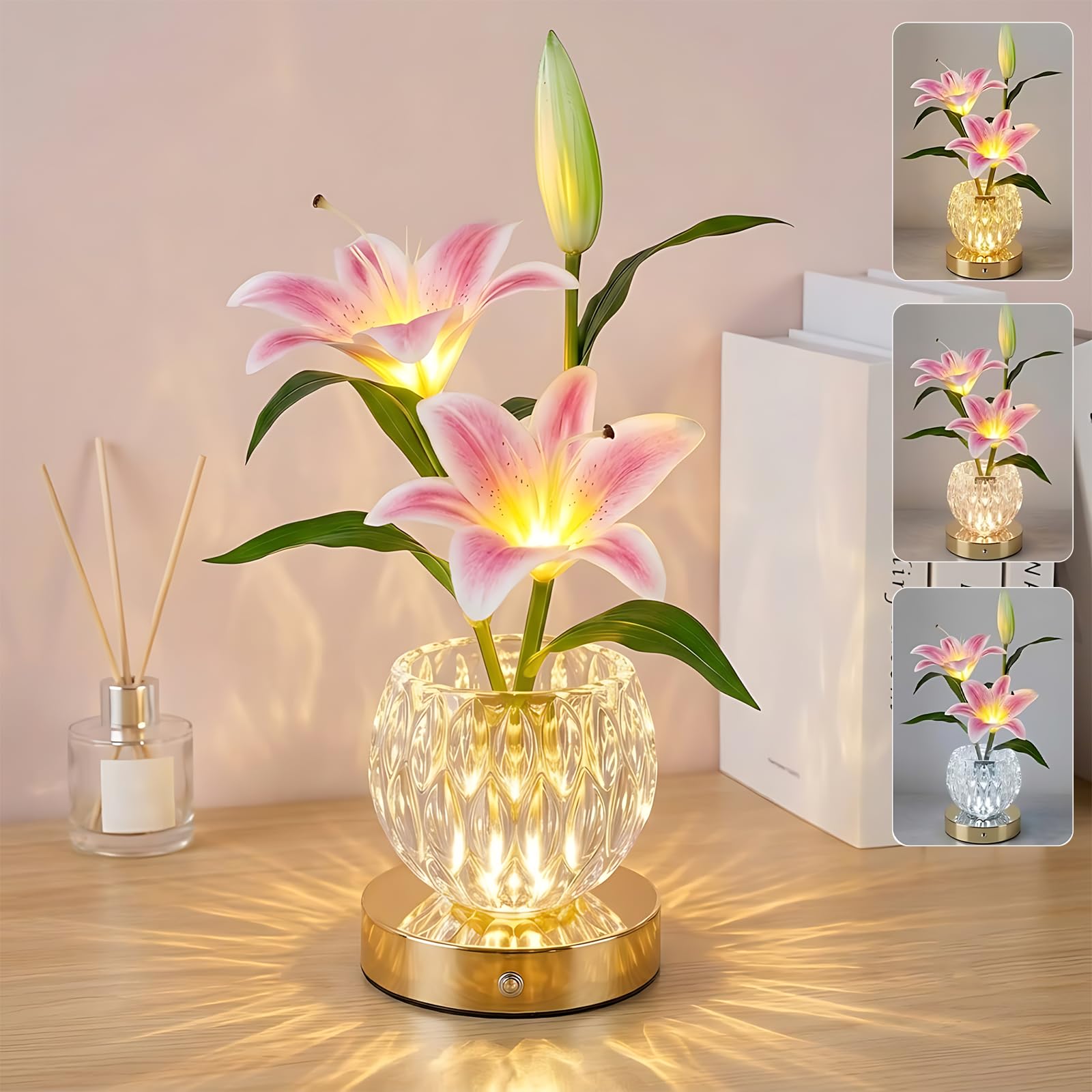 Wekity Sakura & Tulip Flower Lamps, Rechargeable LED Table Lamp with Glass Vase, 3-Colour Dimmable Cordless Tulip Artificial Flowers Night Light for Date Party Home Decoration (Pink-Lily)