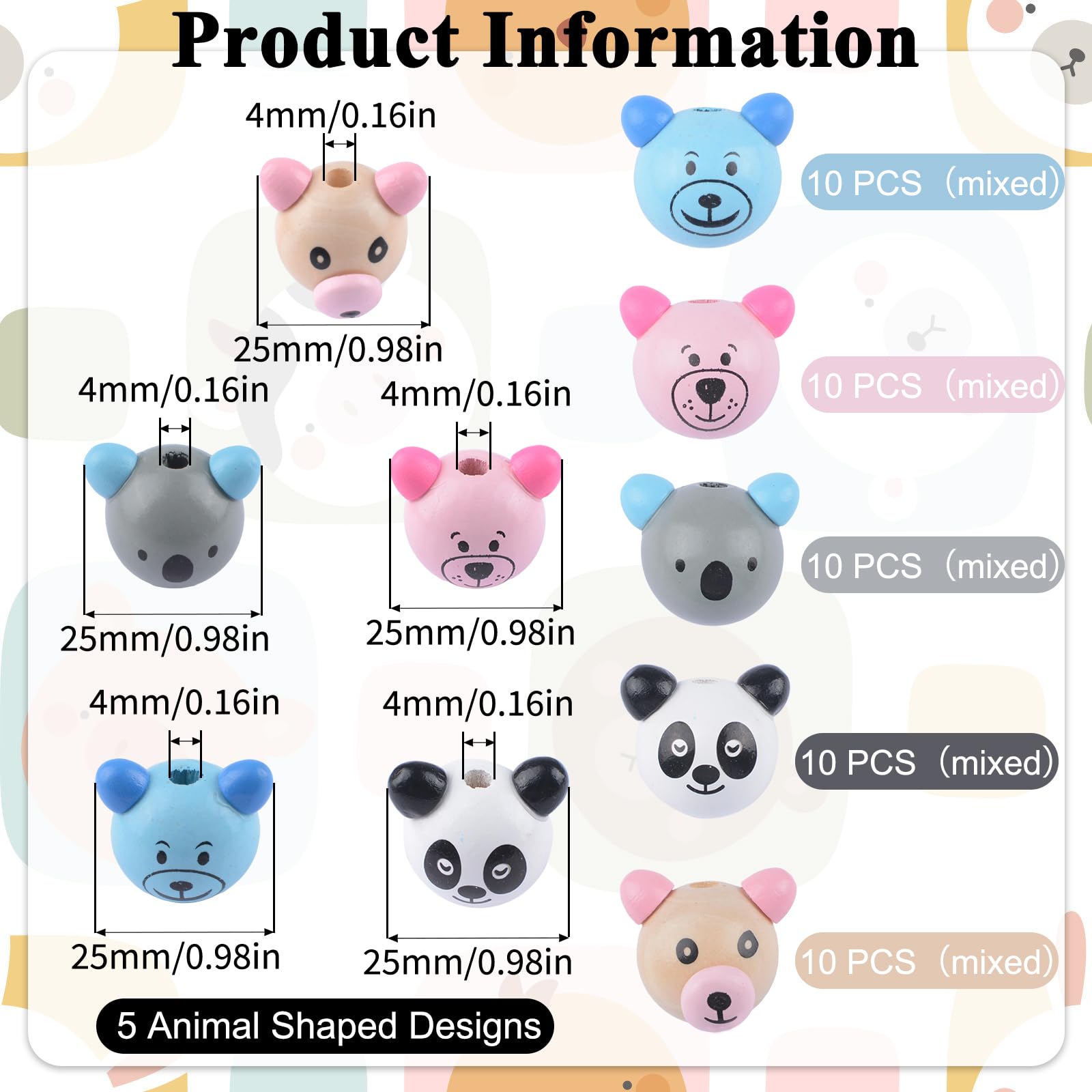 Bonito juego de cuentas de madera de animales, 50 cuentas de madera con cabeza de oso, patrón impreso, espaciador de madera natural, cuentas sueltas para manualidades, collares, pulseras,