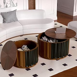 Nesting Coffee Table Set of 2 with Storage, Modern Fluted Round Drum Side End Tables with Removable Lid for Living Room Bedroom Small Space Accent Tables,Brown c