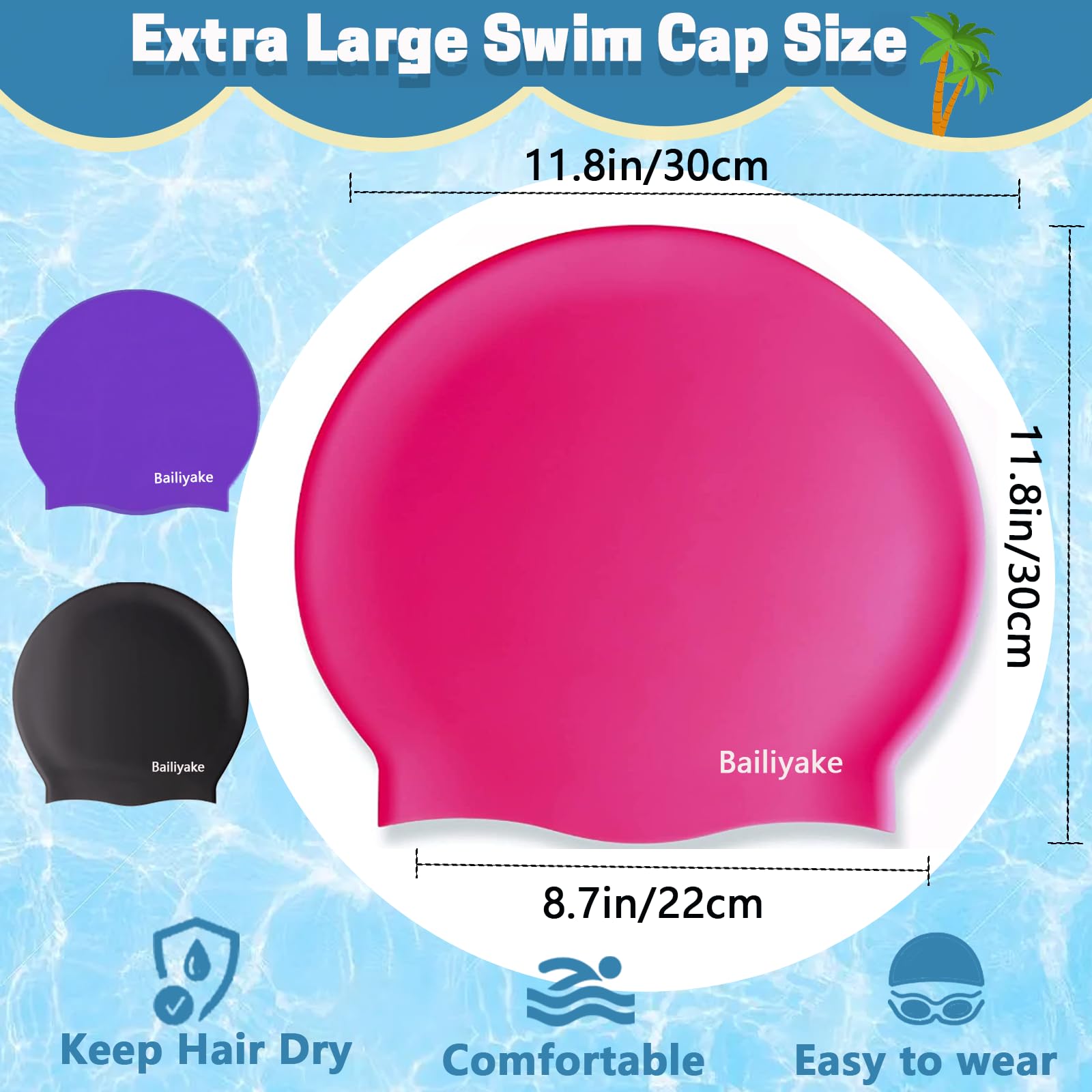 3 Pack Extra Large Swim Cap for Braids & Dreadlocks - Waterproof Silicone Swim Hat for Women & Men with Long Thick Hair, Protective Swim Cap Cover Ears for Swimming, Shower, Bathing