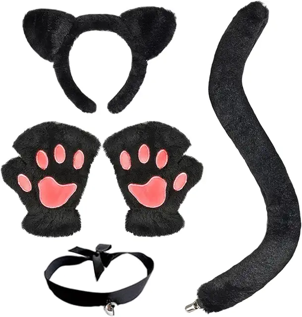 Black Cat Costume Set with Ears, Tail & Gloves for Kids & Adults - Halloween & Cosplay