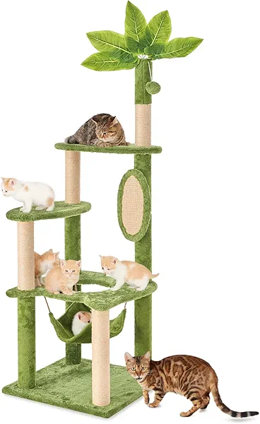 TSCOMON 55" Cat Tree for with Green Leaves, Multi-Level Large Cat Tower with Hammock, Plush Cat House with Hang Ball Toy and Sisal Scratching Posts Furniture, Green