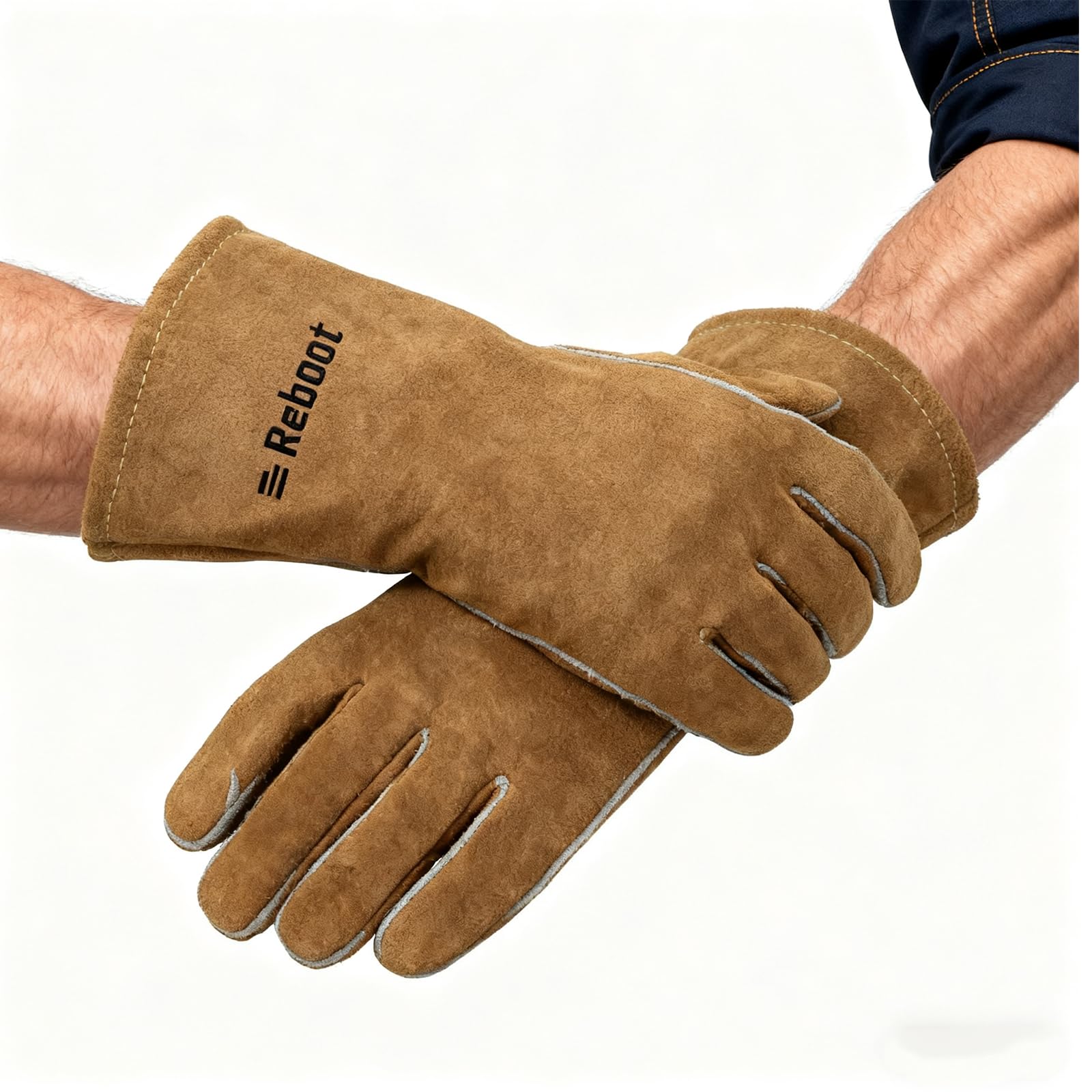 Reboot Gants de Soudage Résistants à la Chaleur Anti-Feu - Pour Brûleurs à Bois, Cuir Fendu de Vache, Gréeur, Barbecue, Four à Bois - 16"