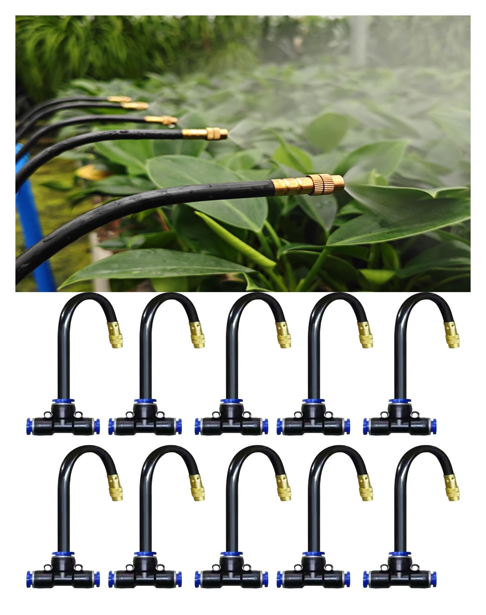 20-Piece Drip Irrigation Kit - 10 Adjustable 360° Misting Sprinklers & 10 Push-to-Connect 12-8mm Tee Fittings, Tool-Free Watering System for Garden, Greenhouse, Potted Plants (No Leak, Easy DIY)
