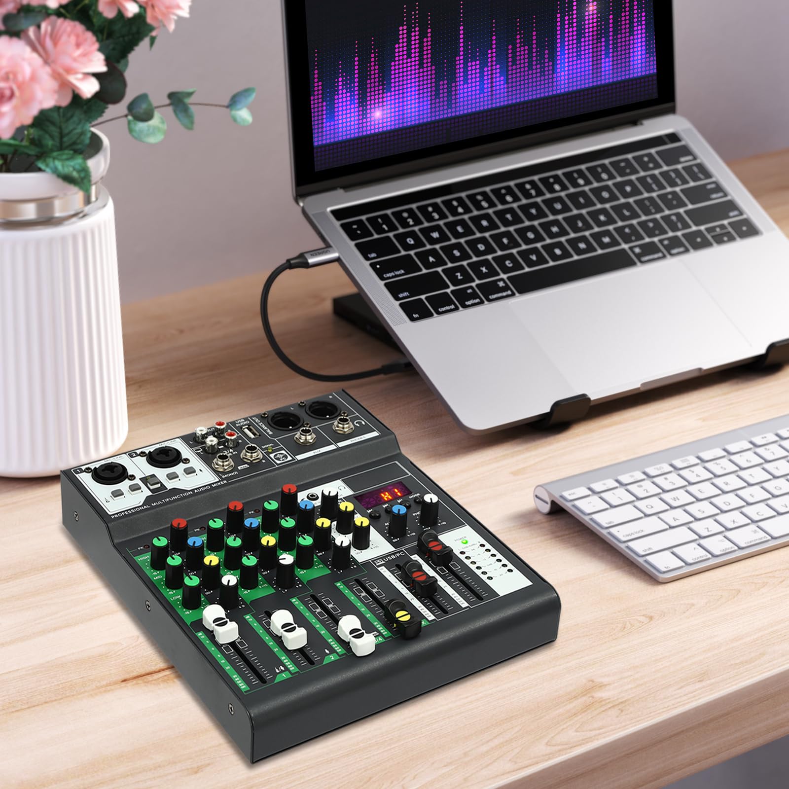 Mixer DJ a 4 canali con Bluetooth, USB e alimentazione phantom da 48 V, interfaccia audio compatta con 4 effetti sonori (High/Mid/Low/Reverb), mixer per studio domestico, spettacoli dal vivo, podcast