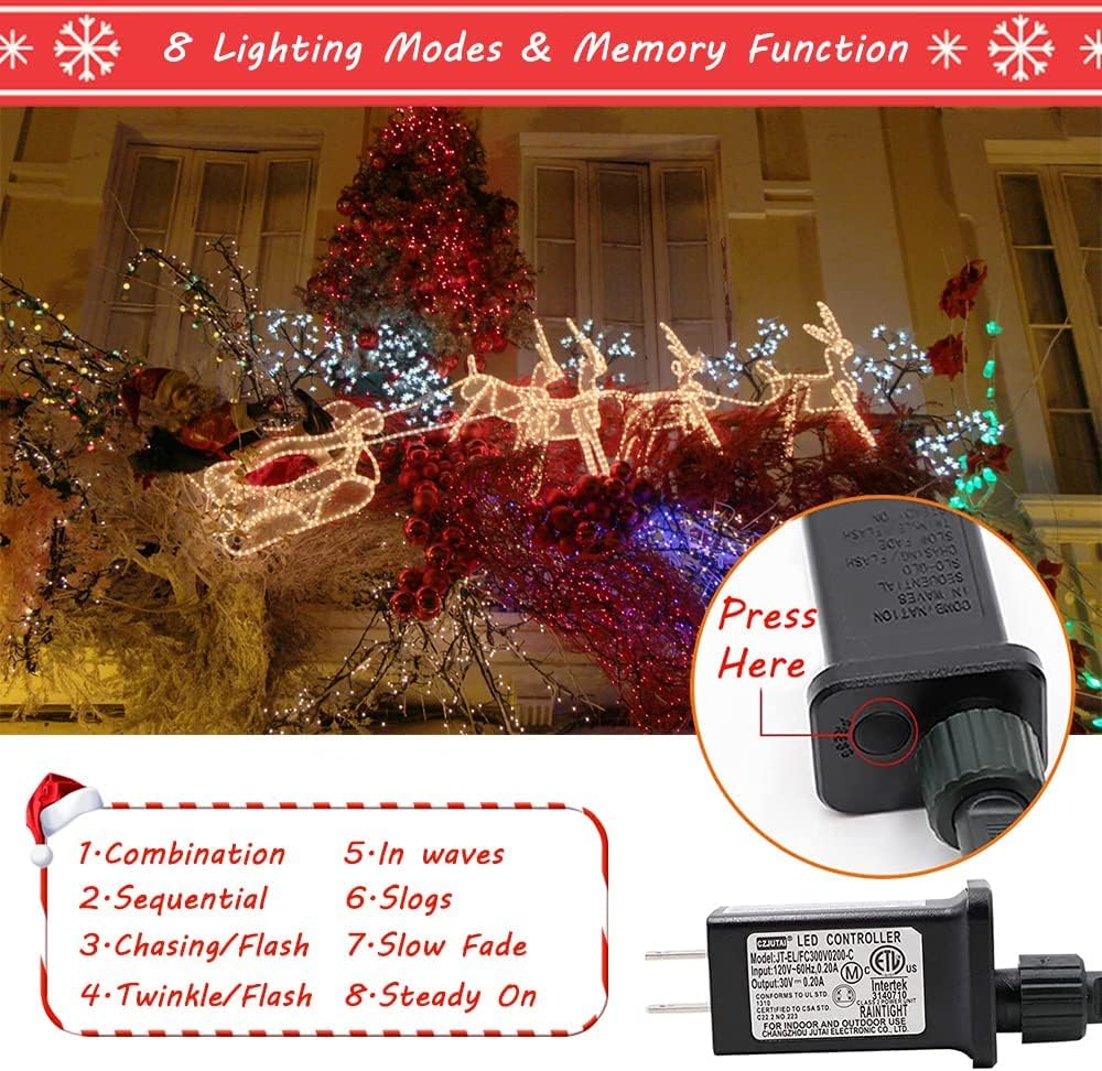 Guirlande lumineuse de Noël d'extérieur 200 LED d'intérieur - 8 modes - De bout en bout - Certifié UL - Guirlande lumineuse étanche - Décoration