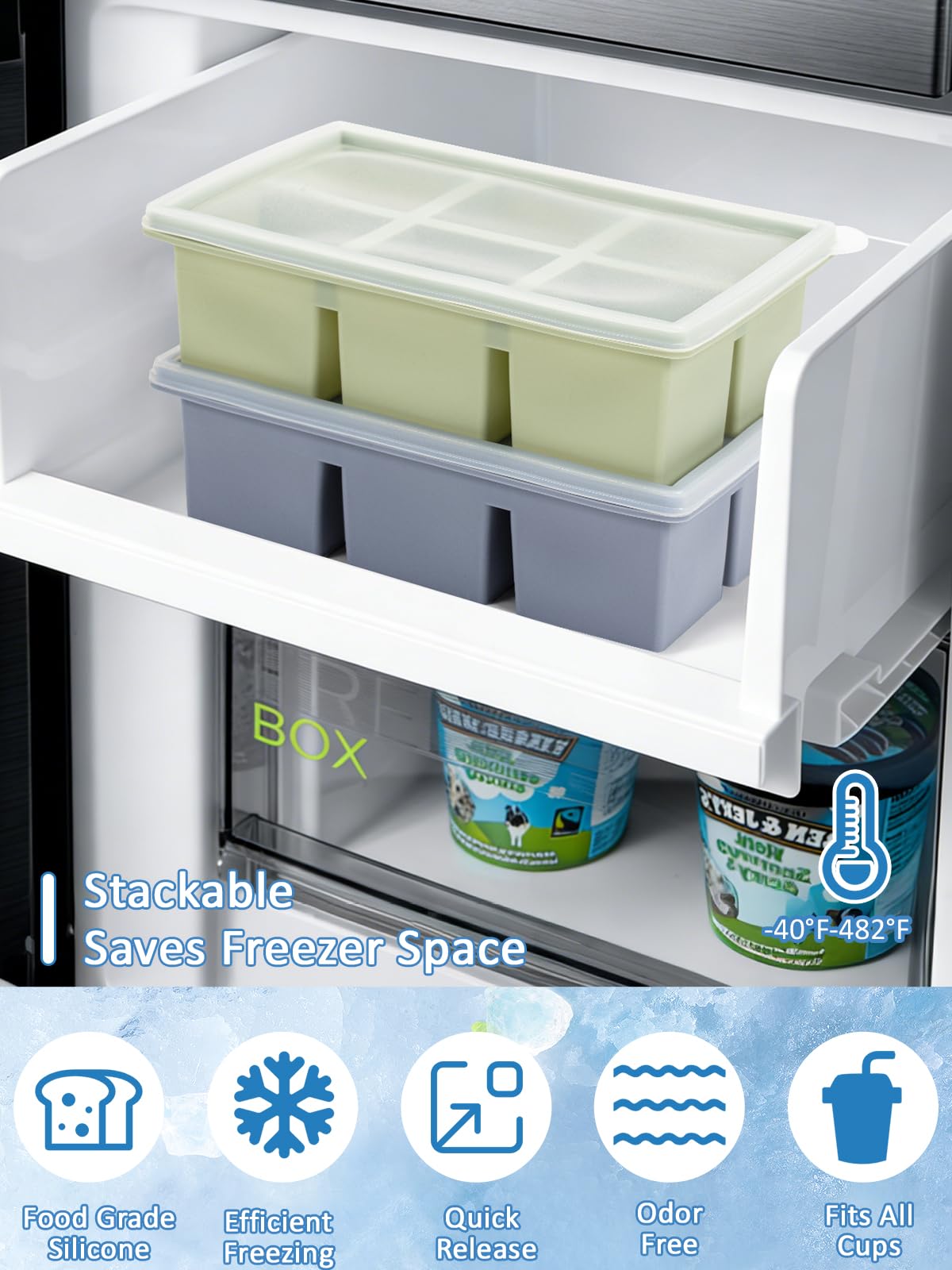 Cubiteras para Hielo Grande de Silicona con Tapa, Moldes Reutilizables de 2 Piezas