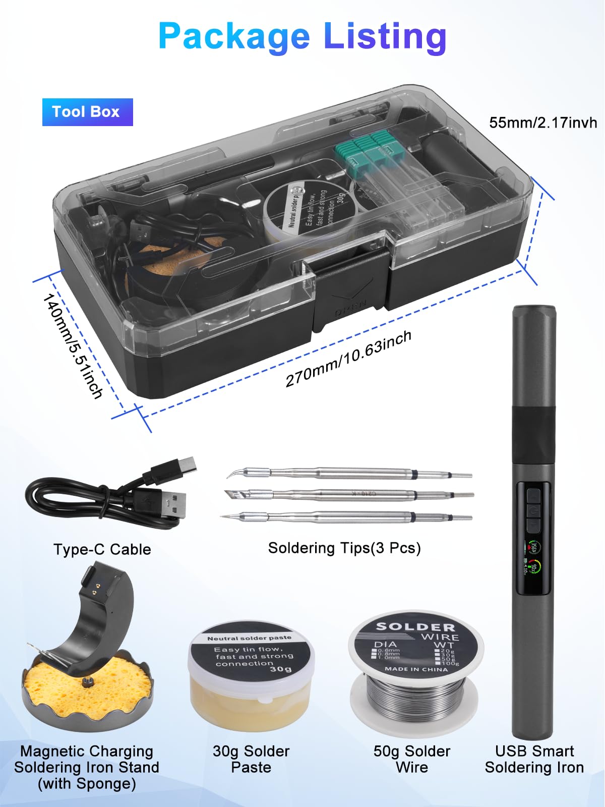Juego Soldador con Batería de 1900 mAh, Soldador Inteligente de 75 W con Pantalla LCD de 180 – 480 °C, Carga Rápida USB-C, Luz LED Integrada, 3 Puntas de Soldador, Juego de Soldadura