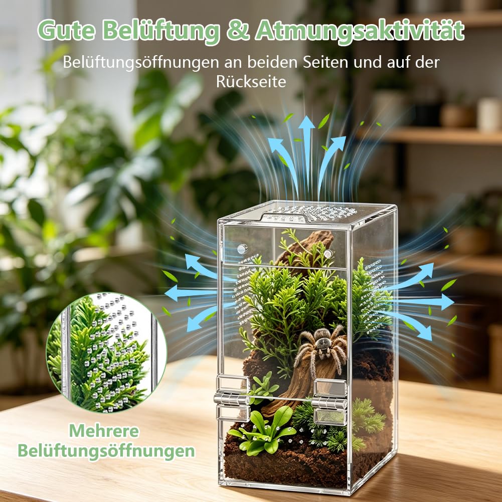 Akrylowe terrarium na pająki, 15,2 x 7,6, 7,6 cm, prostokątna wentylacja poprzeczna 360°, wstępnie zmontowany wybieg dla ślimaków, chrząszczy, ptaszników, żab i małych gadów