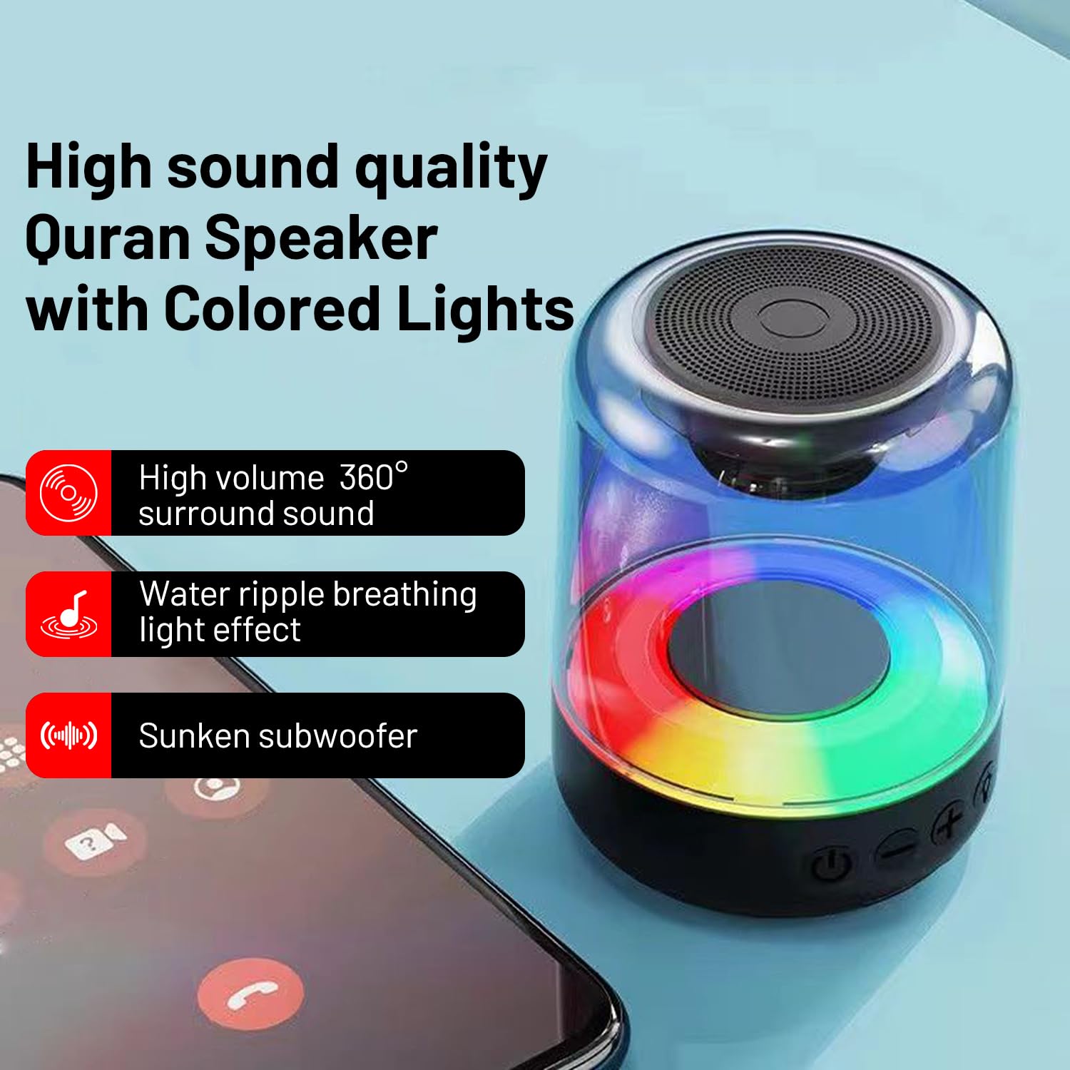 Mini Quran, Coque Transparente 3D avec éclairage Vague Aquatique, Bluetooth 5.0, Son Surround HD 360° et Basses, Application/télécommande, 18 récitants et 15 Langues, pour Les musulmans