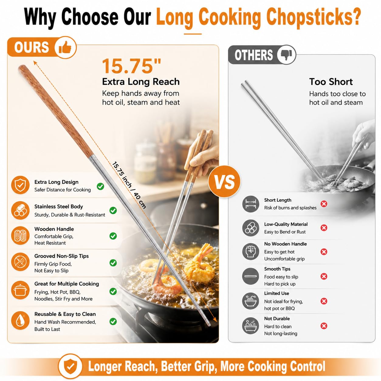 Kichvoe Long Cooking Chopsticks 15.75 " Stainless Steel with Wooden Handle — Amazon image 2