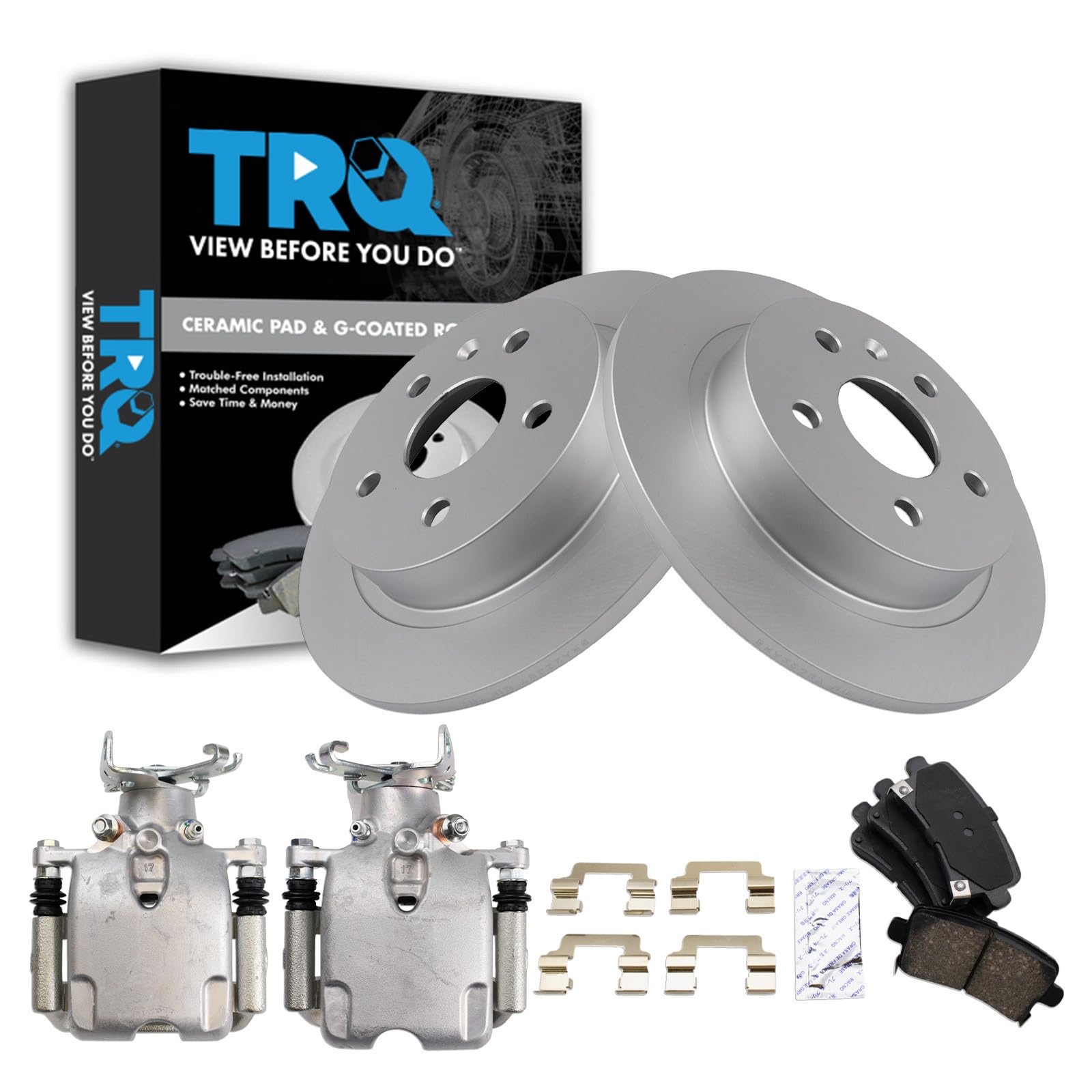 TRQ Rear Brake Pad and Rotor Set Ceramic Solid Rotors Calipers