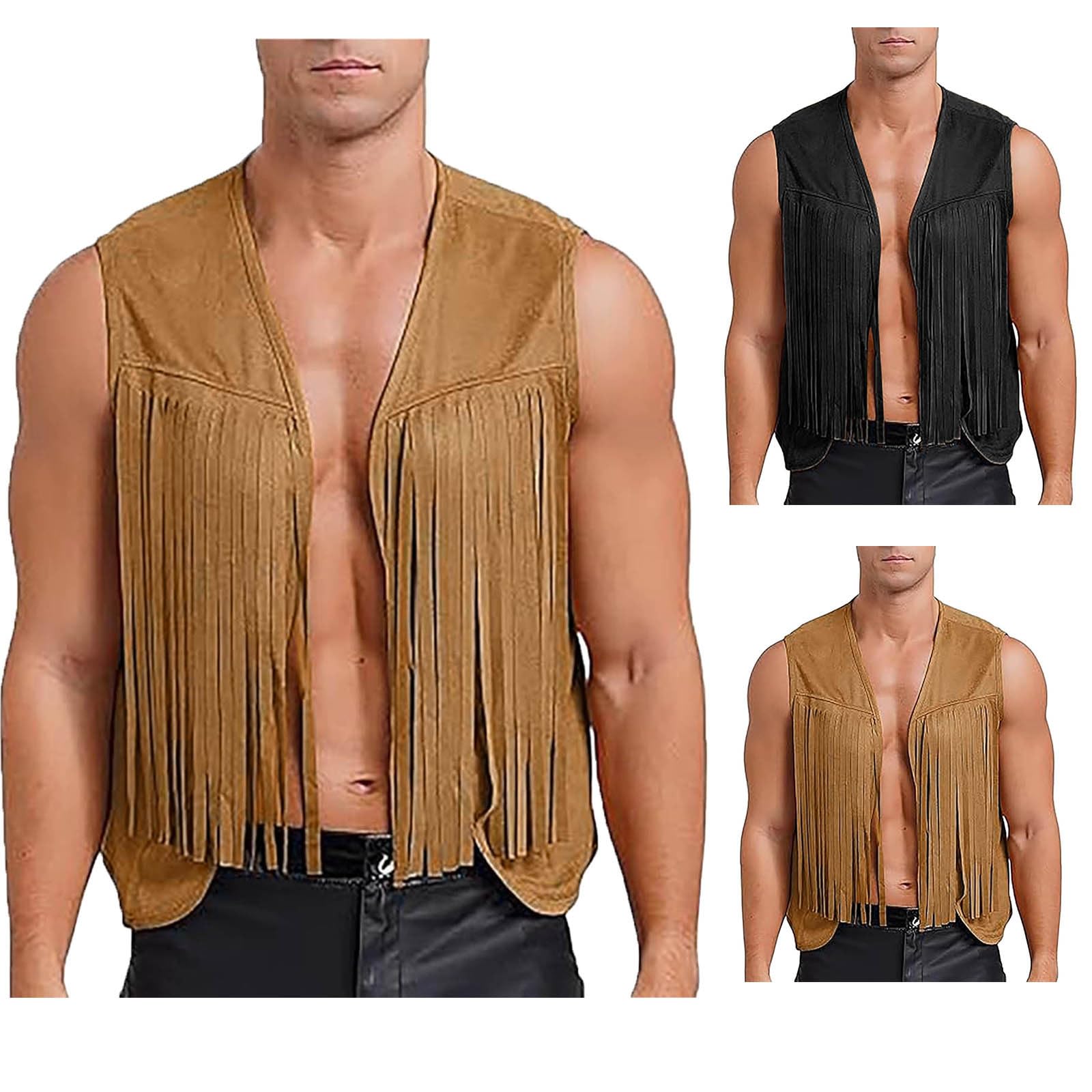 Gilet à Franges Homme En Suédine Marron - Style Hippie Vintage Années 70, Festival, Carnaval, Cosplay Boho Chic - 8
