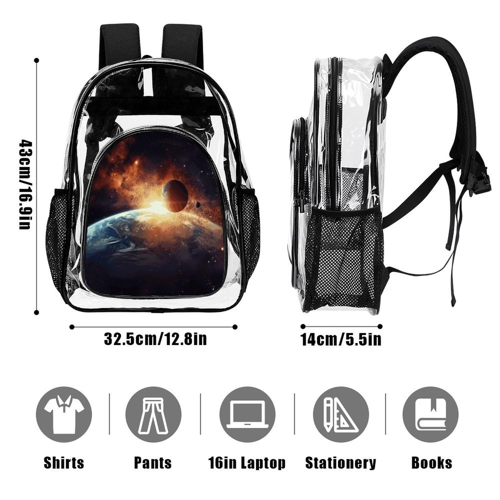 Sun And Earth Transparenter Rucksack, groß, transparent, PVC, Büchertasche für Sicherheit, Arbeit, Reisen, Stadion
