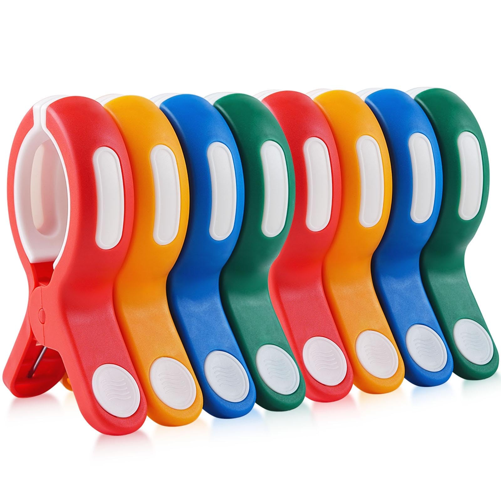 Large Beach Towel Clips for Sun Loungers, 8 Pack Sunbed Towel Pegs for Beach Chairs, Strong Windproof Beach Pegs Pool Cover Clips for Pool Chairs, Garden Deck Chairs, and Laundry, 4 Assorted Colours