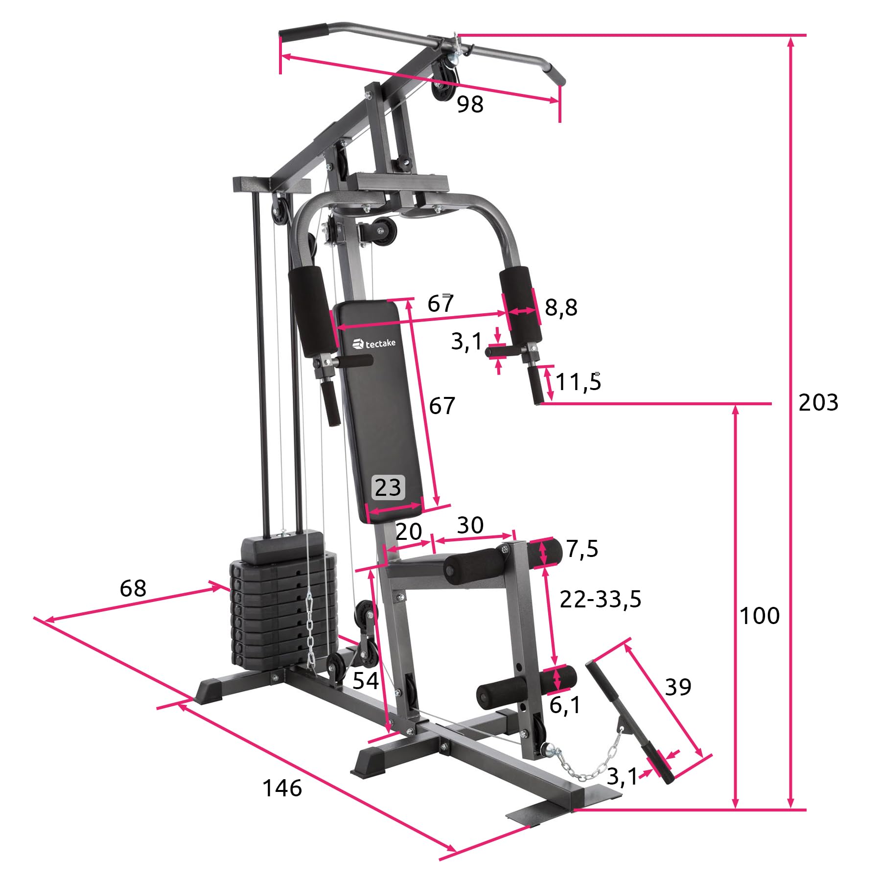 tectake® Kraftstation mit Butterfly- und Beinstreckermodul, Latzugstange, Seilzug, 160 x 98 x 203 cm, gepolstert, rutschfest, Multigym, Fitnessstation, Belastbarkeit 150 kg, Krafttraining Geräte