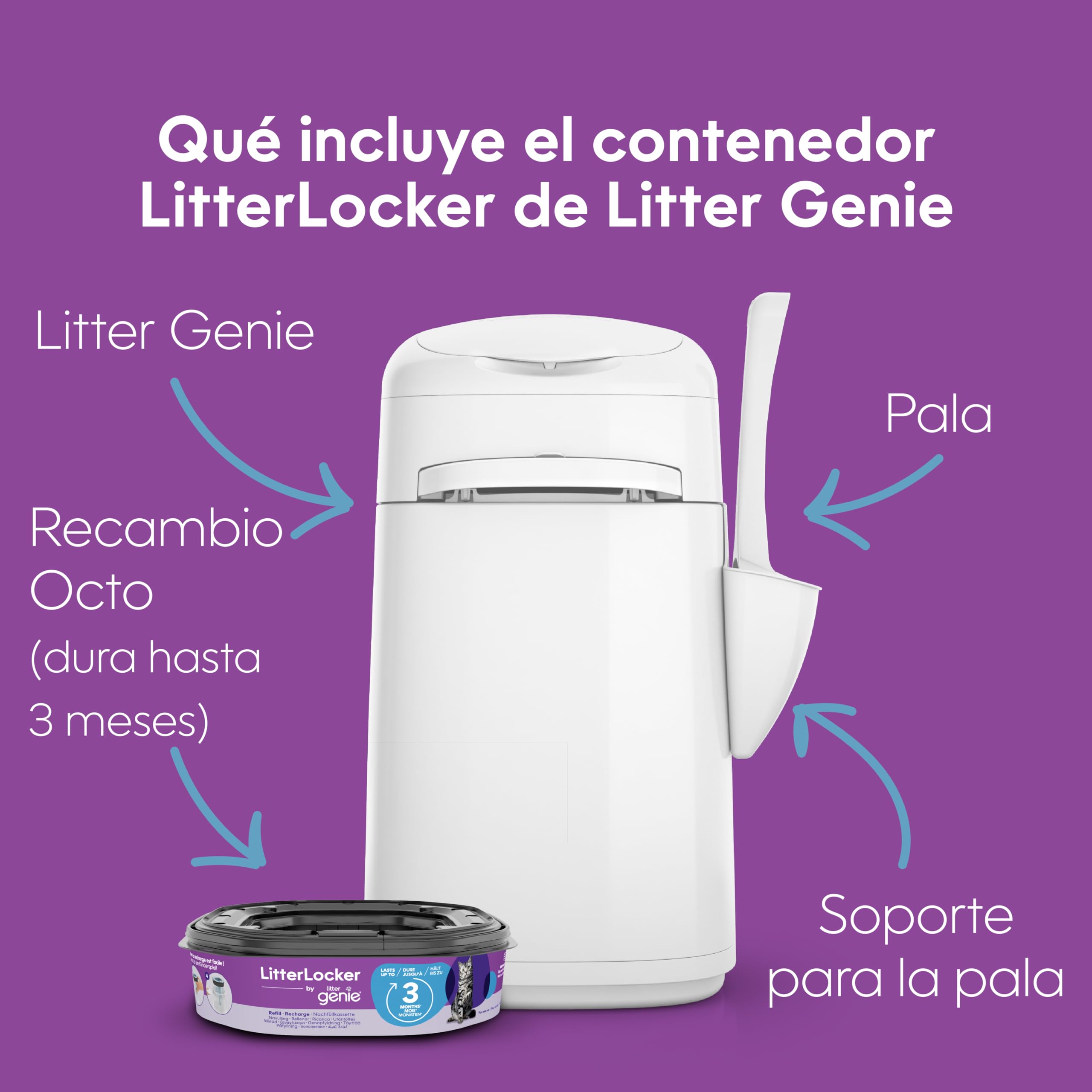 Litter Genie - Litter Locker – Cubo para Arena de Gato a Prueba de olores, fácil de Limpiar, con Pala incluida y 1 Recambio XL (3 Meses). Compacto y fácil de Usar.