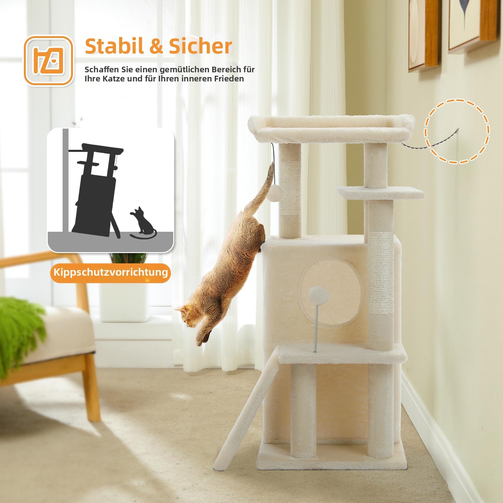 PETEPELA Tiragraffi per gatti da appartamento, 88 cm, con ampia superficie superiore, cuccia privata e colonna tiragraffi in sisal, tappetino tiragraffi per gatti da appartamento, beige