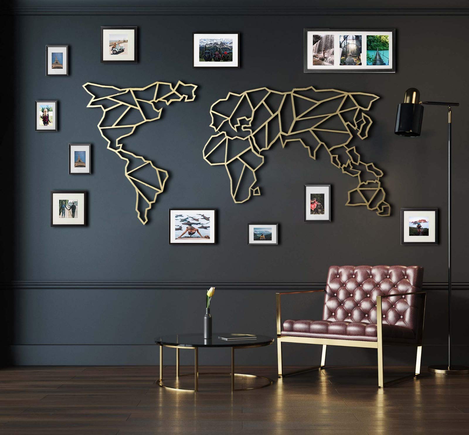 Tubibu - Decorazione da parete moderna, 100% metallo, motivo mappa del mondo, dimensioni 59,9 x 119,9 cm, da soggiorno, camera da letto, dormitorio (oro)