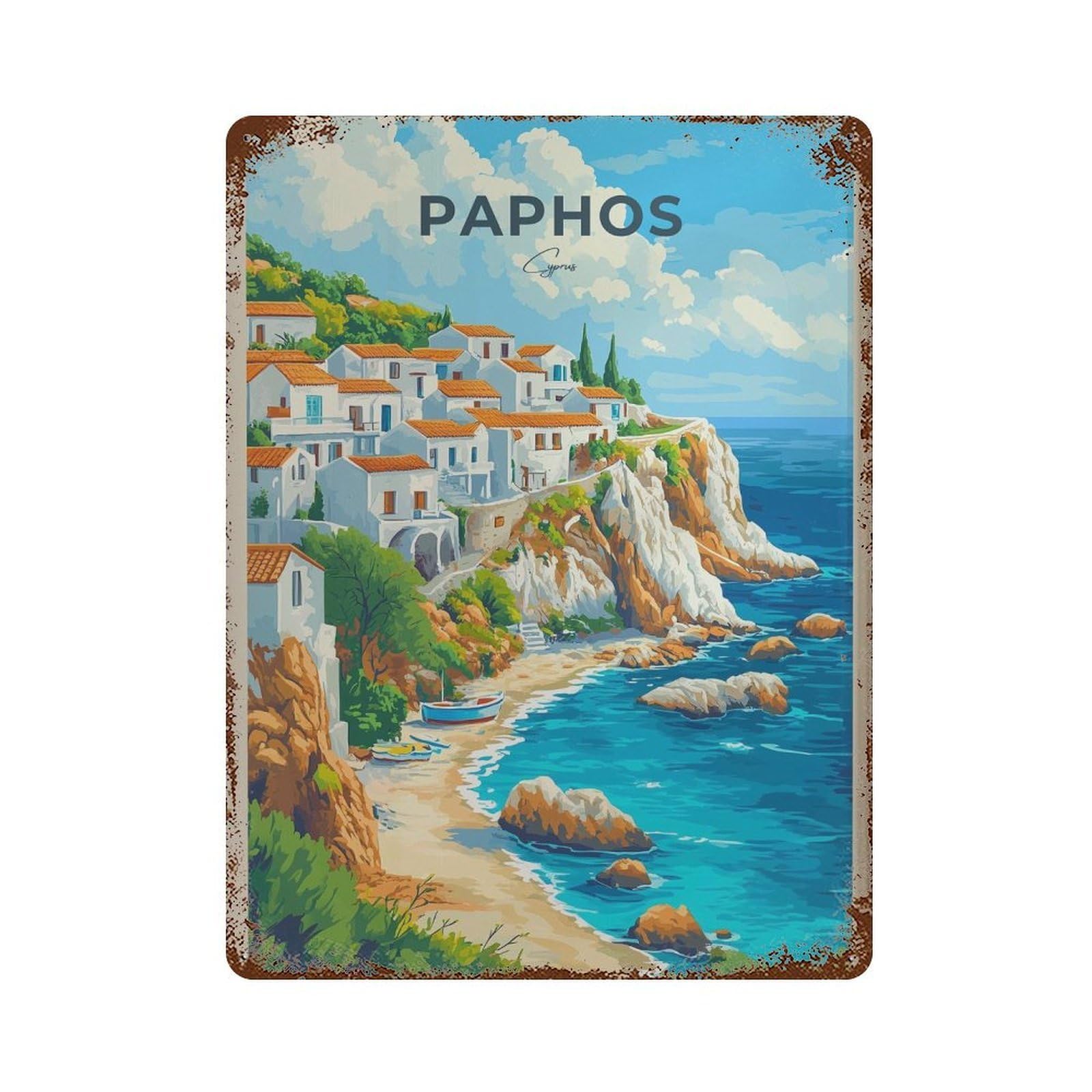 xiaoxiaoshen Paphos Cyprus Travel Mediterranean Island Wall Decor Art Metal Tin Poster Modern Home Decor Art Home Bar Shop Decorations Vintage Sign 40x30cm