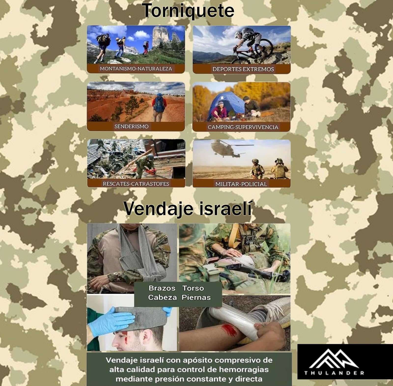 Thulander Pack 2 Torniquetes Tactico + 2 Vendajes Israeli Botiquin Primeros Auxilios para Hemorragias Control Perdida de Sangre Kit de Emergencia para Supervivencia Uso Militar Policial IFAK