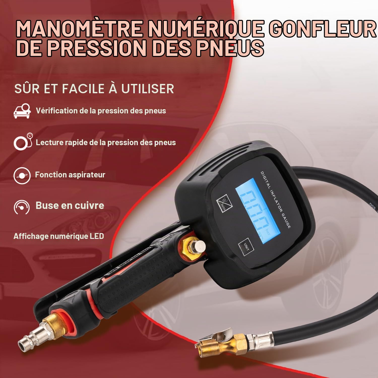 ORAZIO 4 en 1 Manometre Pression Pneu Gonfleur Pneu Numérique 230 PSI avec Écran LCD, Accessoire Compresseur à Air Outil de Pneu pour Véhicules Robuste Voiture Moto Vélo