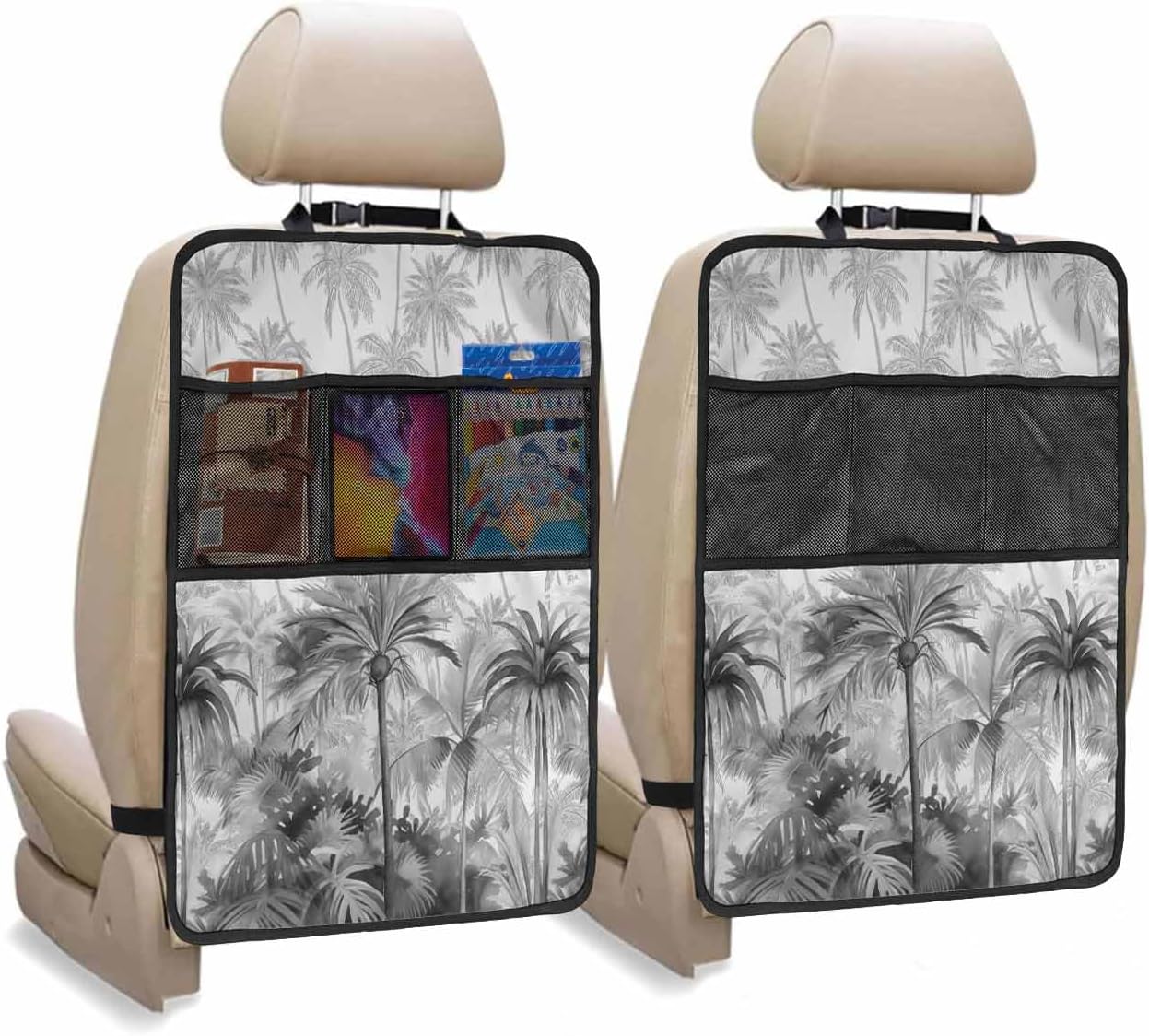 T&H XHome Car Seat Protector, 2 Pack Kick Mats Back Seat Protector Summer Grey Palm Tropical Plants Hand Painting Waterproof Backseat Cover for Kids Universal Fit Automotive Interior Protectors