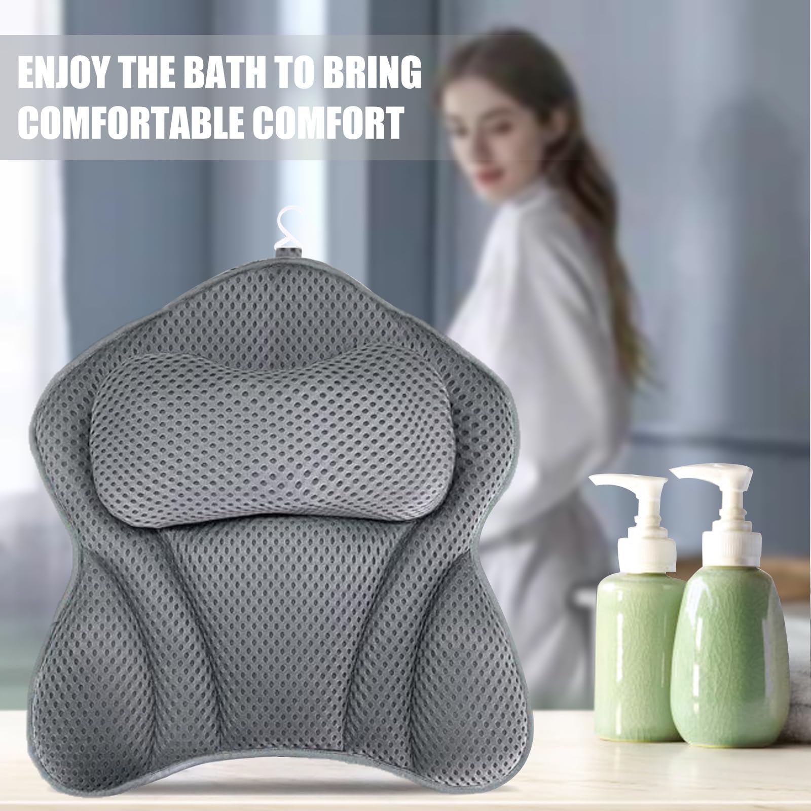 Almohada Bañera,Malla 4D Almohada de Baño,Almohada para Bañera con 6 Ventosas Antideslizantes, Cojín de baño, Puede soportar la Cabeza, el Cuello, para Bañera de Hidromasaje（Gris）